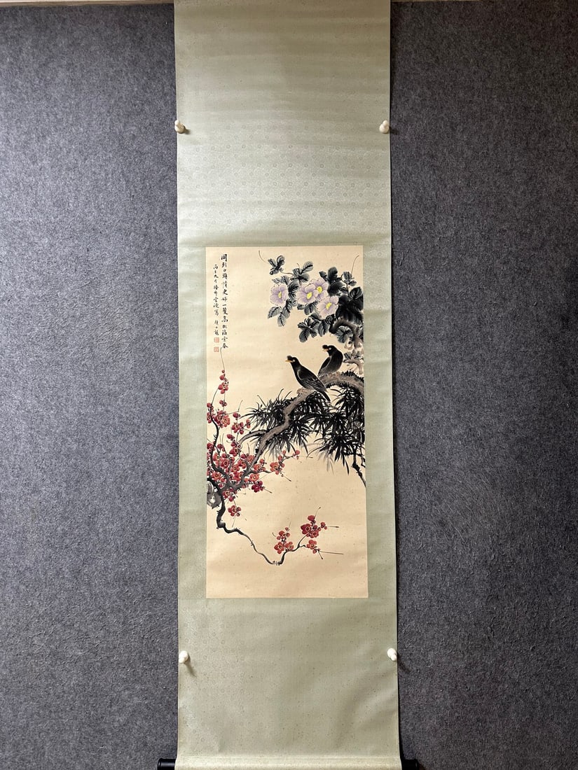 An Exquisite Chinese Vertical Scroll Ink Painting of Flower and Bird on Paper: An Exquisite Chinese Vertical Scroll Ink Painting of Flower and Bird on Paper,Yan Bolong,Size:37.8inx16.9in 一幅中国水墨花鸟画立轴,
