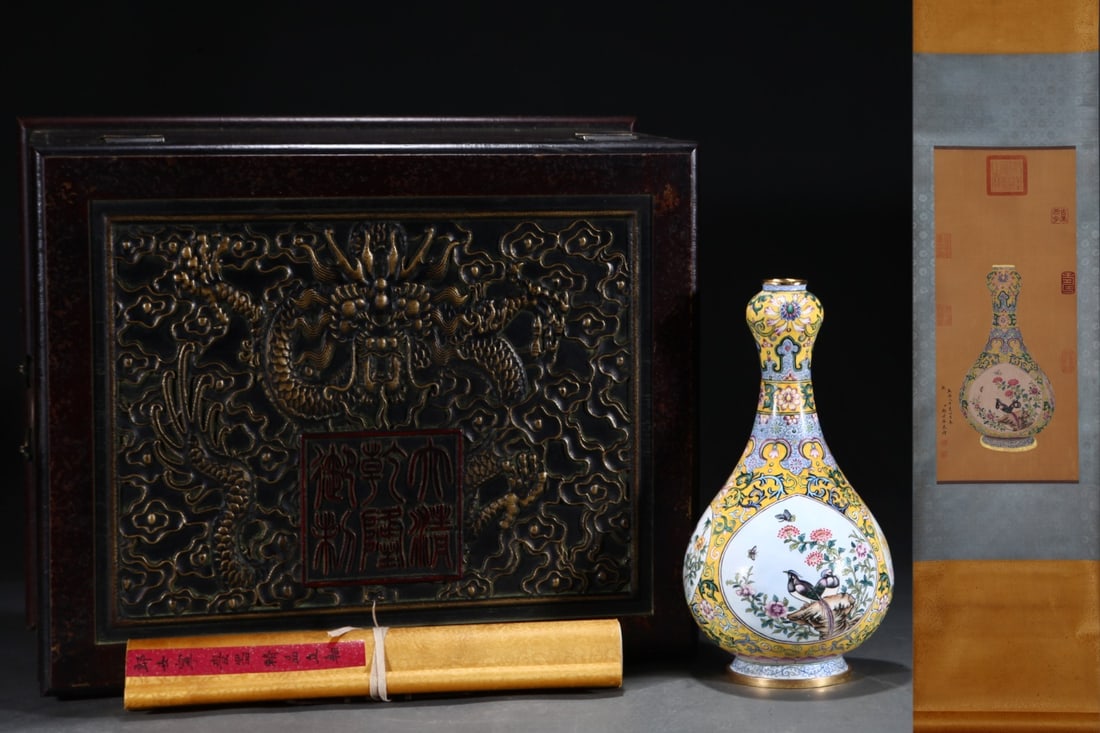 A Rare Painted enamel on copper body garlic-mouth vase decorated with birds and flowers, with a silk: A Rare Painted enamel on copper body garlic-mouth vase decorated with birds and flowers, with a silk painting hanging scroll,Qing Dynasty, China, Qianlong Four-character Mark,Size:12inx6.3in,(Without 