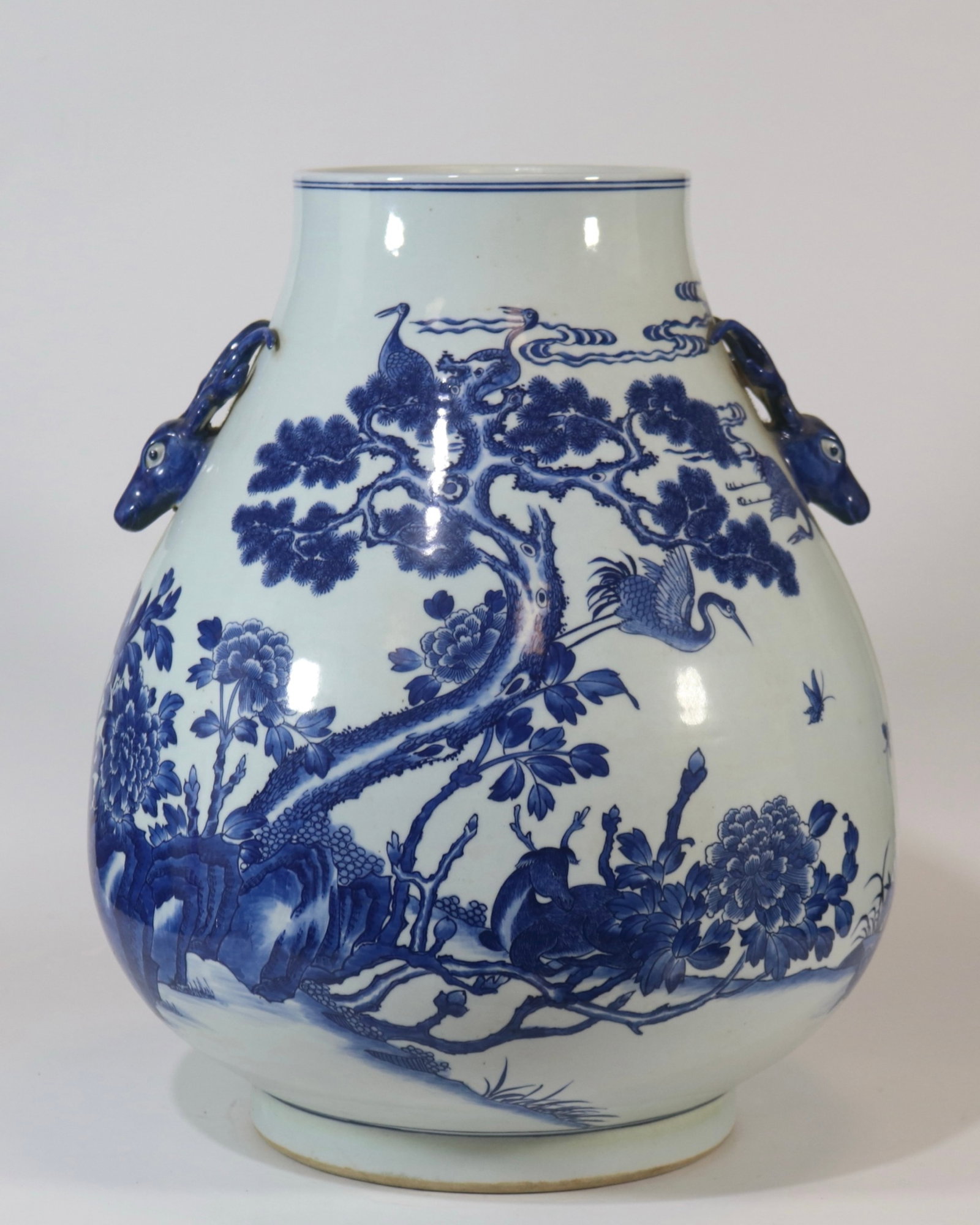 A fine blue and white deer-head zun vase with deer and crane spring scene (1 of 9)