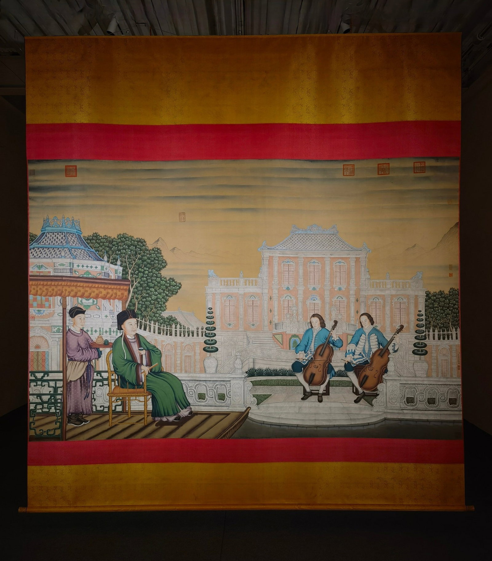 A Chinese Vertical Scroll Ink Painting of Character and Story on Silk: A Chinese Vertical Scroll Ink Painting of Character and Story on Silk,Lang Shining,Size:(entirety)128.7inx117.7in,(Without frame)76.4inx116.9in 一幅中国水墨绢