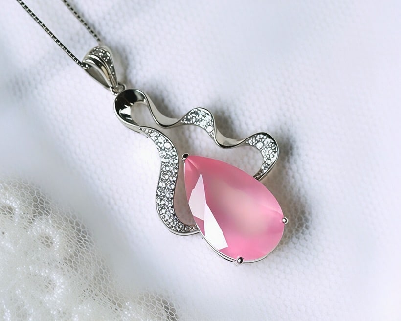 An Exquisite Natural Mozambican Starry Rose Quartz Teardrop Pendant: An Exquisite Mozambican Starry Rose Quartz Teardrop Pendant. Soft pink and watery hue with asterism. Paired with a silver chain. Size: 19.3mm×11.6mm×7.8mm; weight: 24.5g.