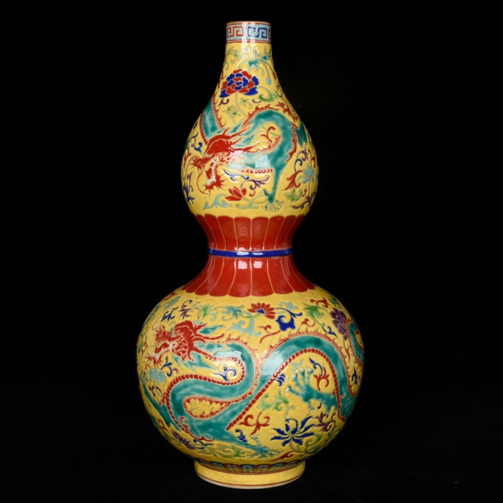 A Rare Yellow Ground Enamel Painted Gold Flower and Dragon Pattern Gourd-Shaped Vase: A Rare Yellow Ground Enamel Painted Gold Flower and Dragon Pattern Gourd-Shaped Vase,Qing Dynasty,China,Yongzheng Four-character Mark,Size:13.4inx7.1in