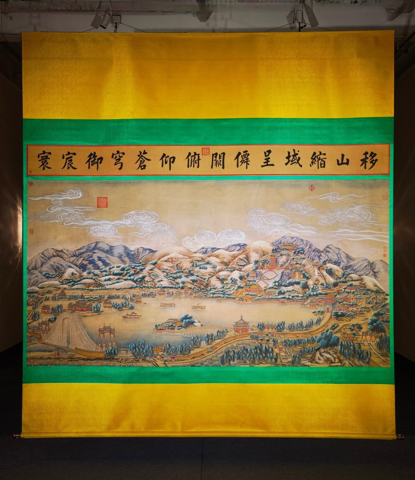 A Chinese Vertical Scroll Ink Painting of Landscape on Silk: A Chinese Vertical Scroll Ink Painting of Landscape on Silk,Lang Shining,Size:(entirety)118.9inx114.2in,(Without frame)65inx107.1in 一幅中国水墨绢本