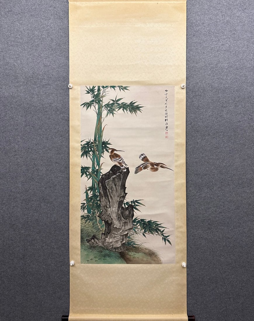 A Chinese Vertical Scroll Ink Painting of Flower and Bird on Paper: A Chinese Vertical Scroll Ink Painting of Flower and Bird on Paper,Tian Shiguang,Size:25.6inx48.4in 一幅中国水墨花鸟画立轴,田