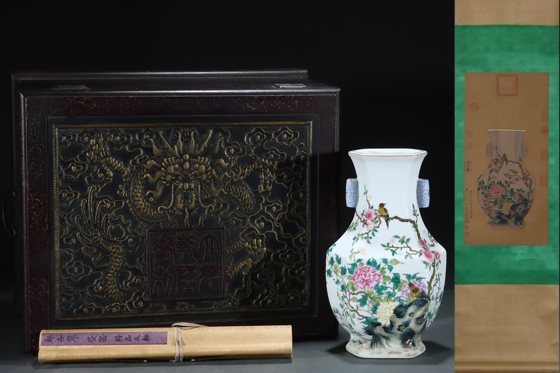 A Rare Famille rose twin-handled hexagonal vase decorated with birds, flowers and poetry: A Rare Famille rose twin-handled hexagonal vase decorated with birds, flowers and poetry inscriptions, gilt decoration, with a silk painting hanging scroll,Qing Dynasty, China, Qianlong Six-character 