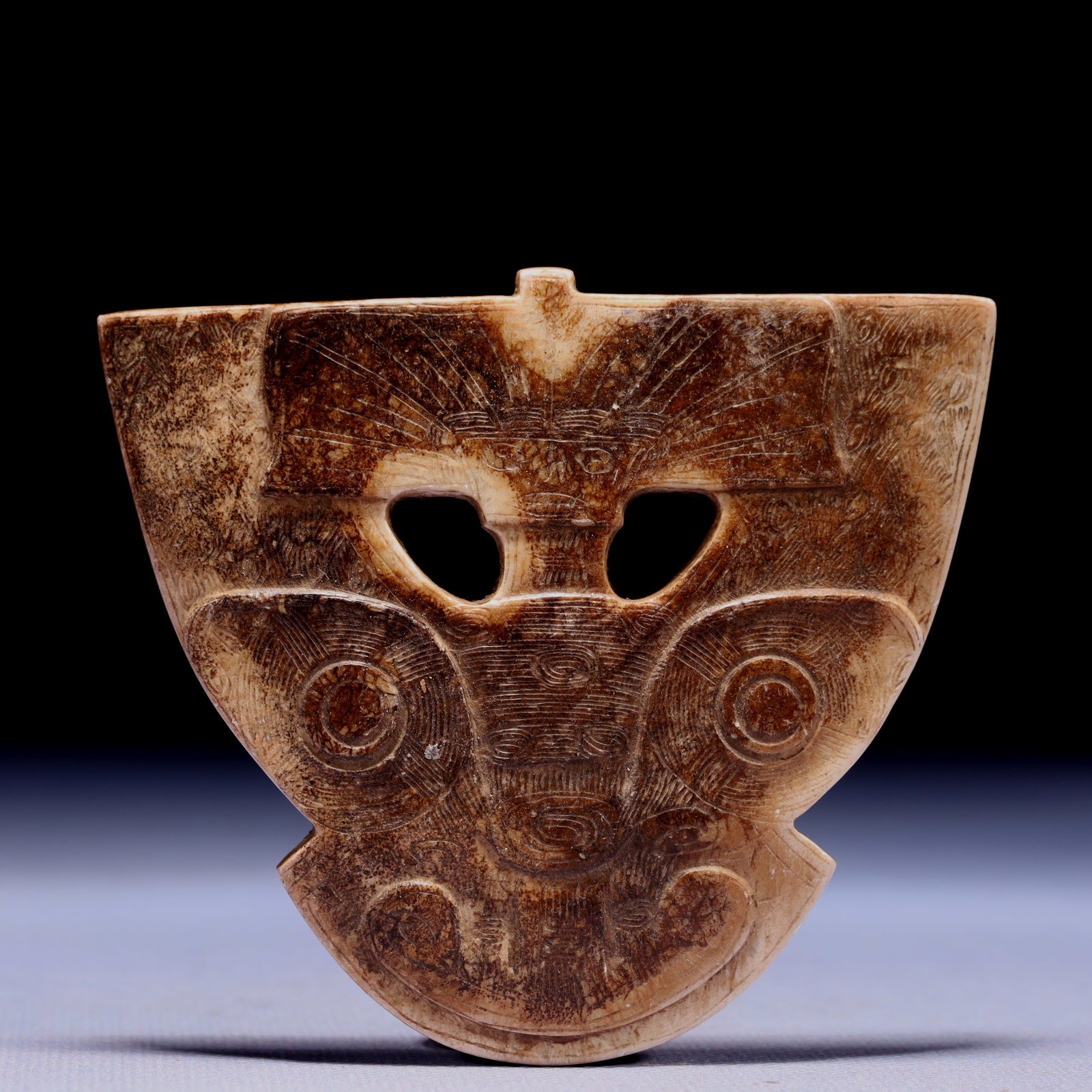An Archaic Hongshan Culture Yellow Jade Beast-Face Pattern Pendant: An Archaic Hongshan Culture Yellow Jade Beast-Face Pattern Pendant,Ancient Time,China,Size:3.7inx0.4inx3.3in,Weight:125g 红山文化黄玉兽面纹挂