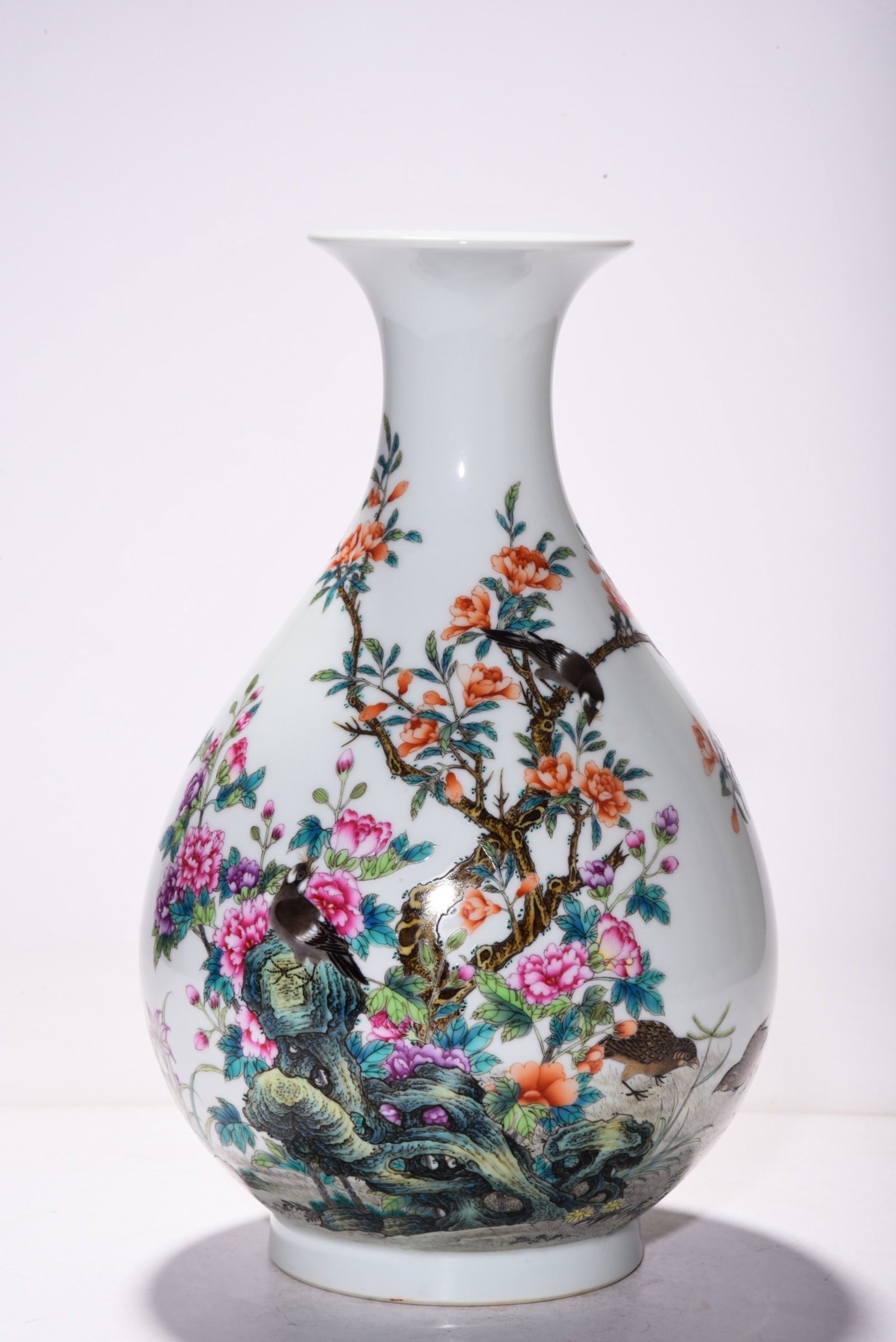 A Rare Famille-Rose Flower and Bird Pattern Vase,with poem: A Rare Famille-Rose Flower and Bird Pattern Vase,with poem,Qing Dynasty,China,Yongzheng Six-character Mark,Size:12.5inx7.9in 粉彩花鸟纹瓶,带诗文,&
