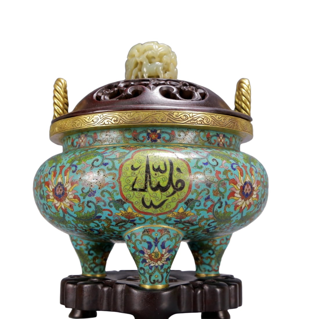 An Archaic Cloisonne Lotus Pattern Double-Ears and Tripod Censer,with Arabic,with Zitanwood Inlaid: An Archaic Cloisonne Lotus Pattern Double-Ears and Tripod Censer,with Arabic,with Zitanwood Inlaid White Jade Cover,Qing Dynasty, China,Qianlong Four-character Mark,Size:6.7inx7.1inx10.2in,Weight:2900