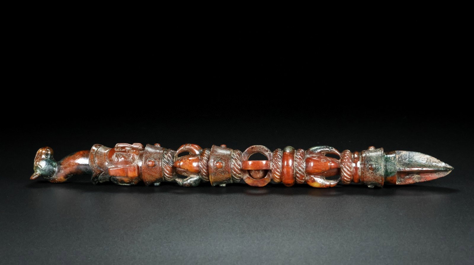 An Exquisite Archaic Jade Ritual Implement: An Exquisite Archaic Jade Ritual Implement,Ancient Time,China,Size:13.2inx1.6in,Weight:420g 高古玉法器,中国远古时期