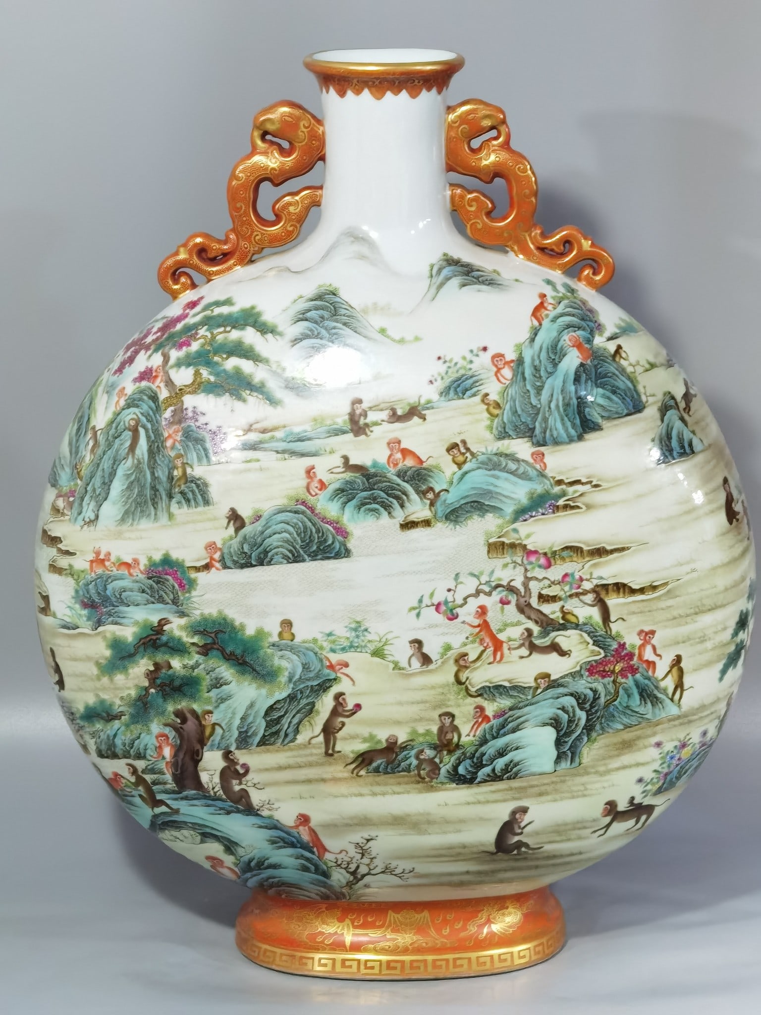 A Huge Famille-Rose Painted Gold Monkey Patten Double-Ears Vase (1 of 18)