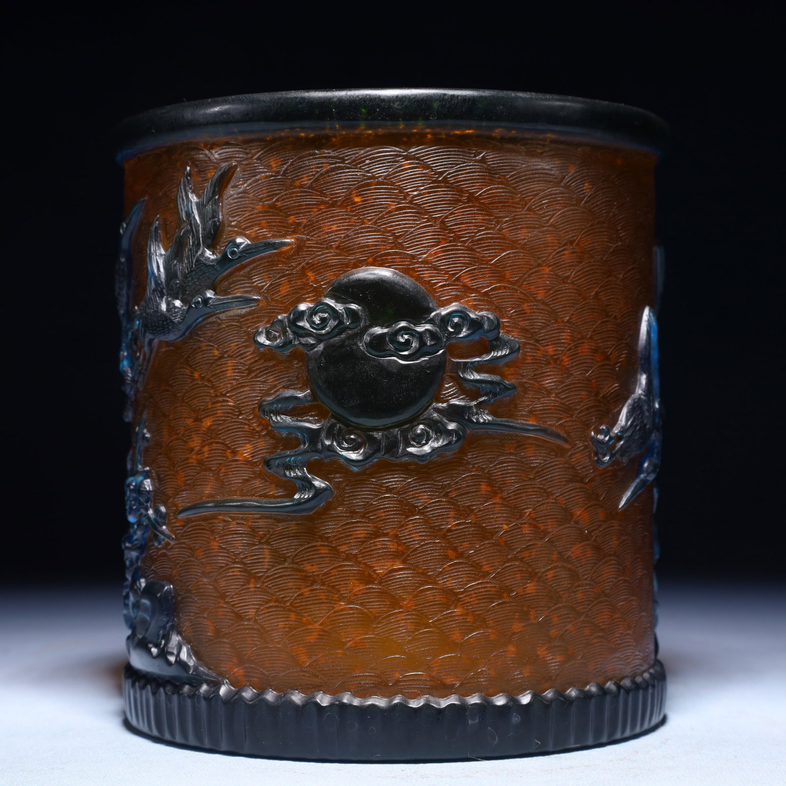 An Exquisite Glass Flower and Bird Pattern Brush Pot: An Exquisite Glass Flower and Bird Pattern Brush Pot,Qing Dynasty,China,Qianlong Four-character Mark,Size:5.9inx6.3in,Weight:1350g 琉璃花鸟纹笔筒,中