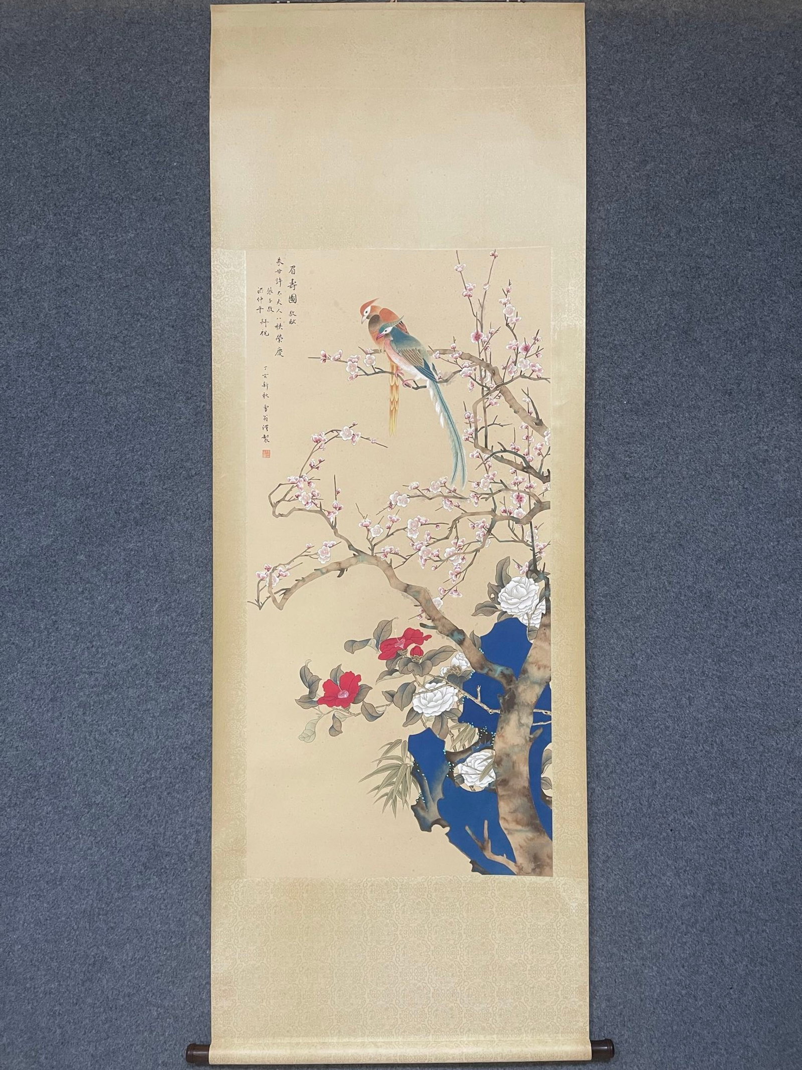 A Chinese Vertical Scroll Ink Painting of Flower and Bird on Paper: A Chinese Vertical Scroll Ink Painting of Flower and Bird on Paper,Chen Zhifo,Size:25.2inx51.2in 一幅中国水墨花鸟画立轴,陈ߔ