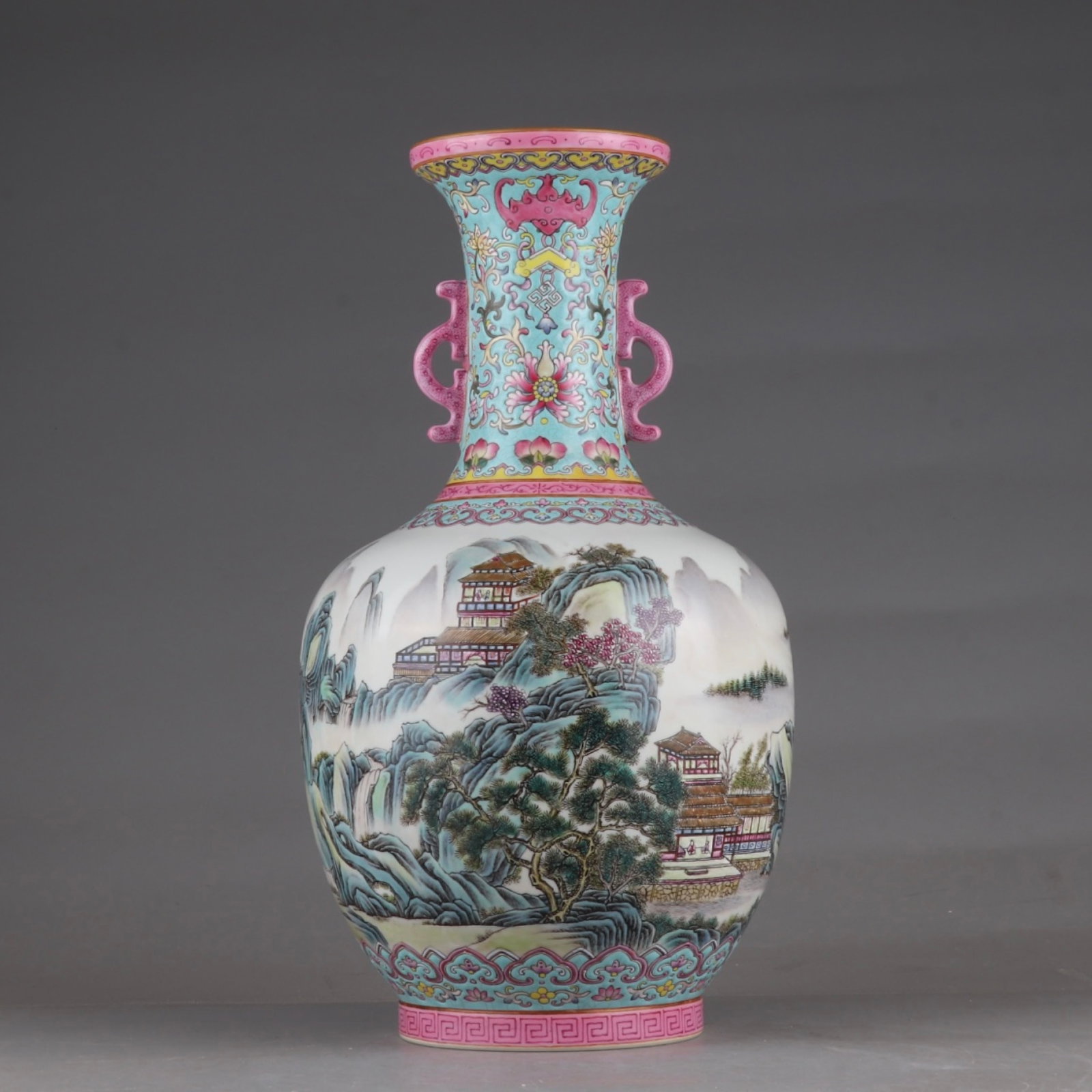 A Rare Famille-Rose Painted Gold Landscape Pattern Double-Ears Vase: A Rare Famille-Rose Painted Gold Landscape Pattern Double-Ears Vase,Qing Dynasty,China,Qianlong Six-character Mark,Size:12.6inx7.1in 粉彩描金山水纹双