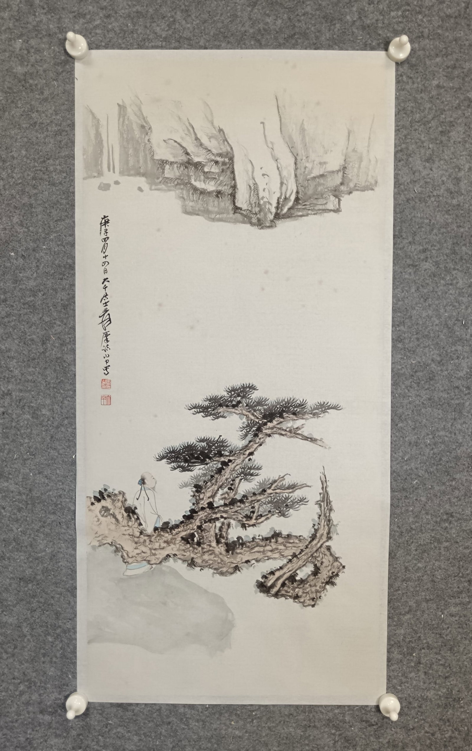 A Chinese Ink Painting of Landscape and Figure on Paper: A Chinese Ink Painting of Landscape and Figure on Paper,Zhang Daqian,Size:16.5inx35in 一幅中国水墨山水人物画,张大千