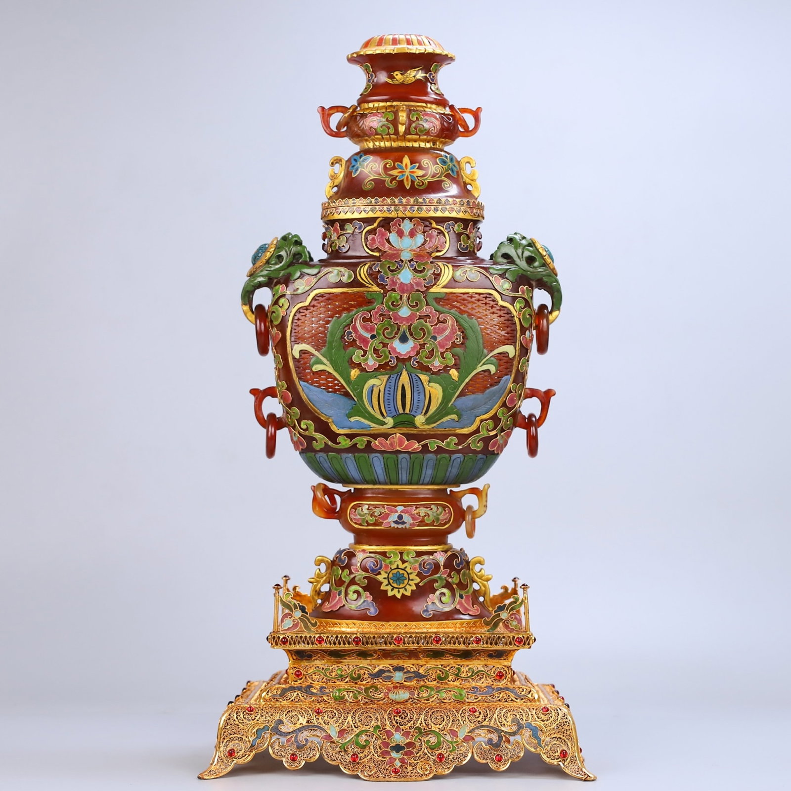 A Huge Filigree and Gilding Inlaid Agate Painted Color Lotus Pattern Elephant-Ears Bottle,Inlaid (1 of 10)