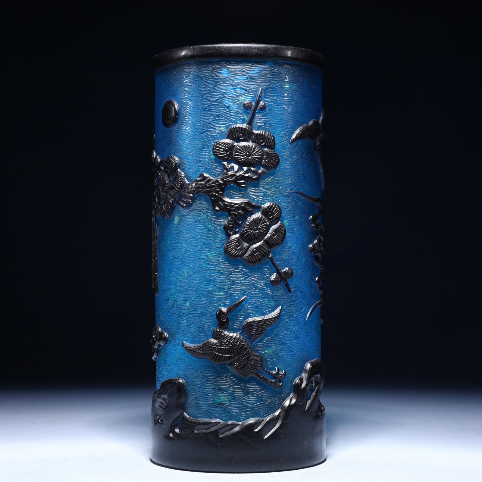 An Exquisite Glass Flower and Bird Pattern Brush Pot: An Exquisite Glass Flower and Bird Pattern Brush Pot,Qing Dynasty,China,Qianlong Four-character Mark,Size:3.9inx9.4in,Weight:1350g 琉璃花鸟纹笔筒,中