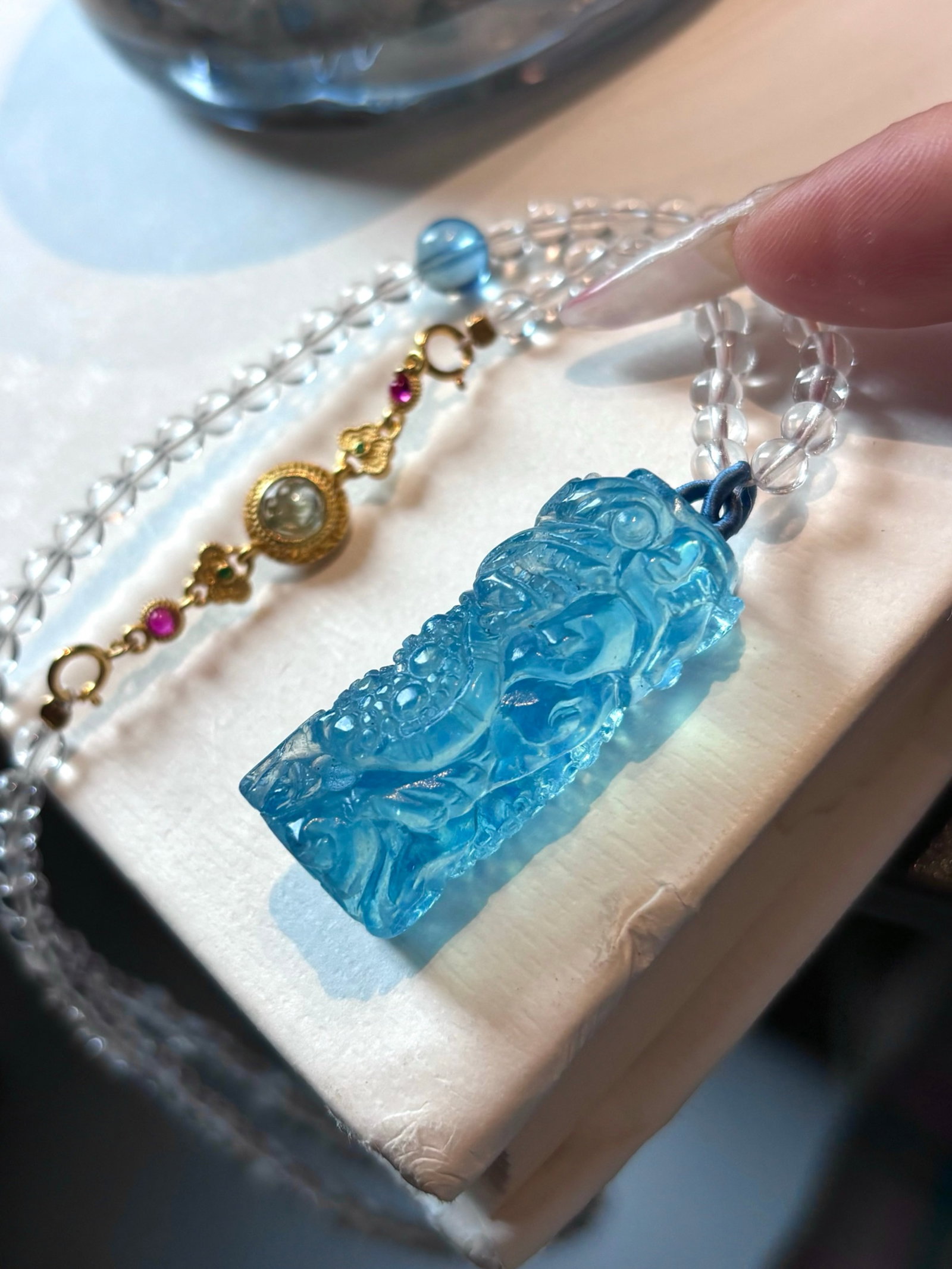 An Exquisite Aquamarine Dragon Pattern Pendant: An Exquisite Aquamarine Dragon Pattern Pendant,Size:35mmx14mm,Weight:24g 海蓝宝龙纹挂件