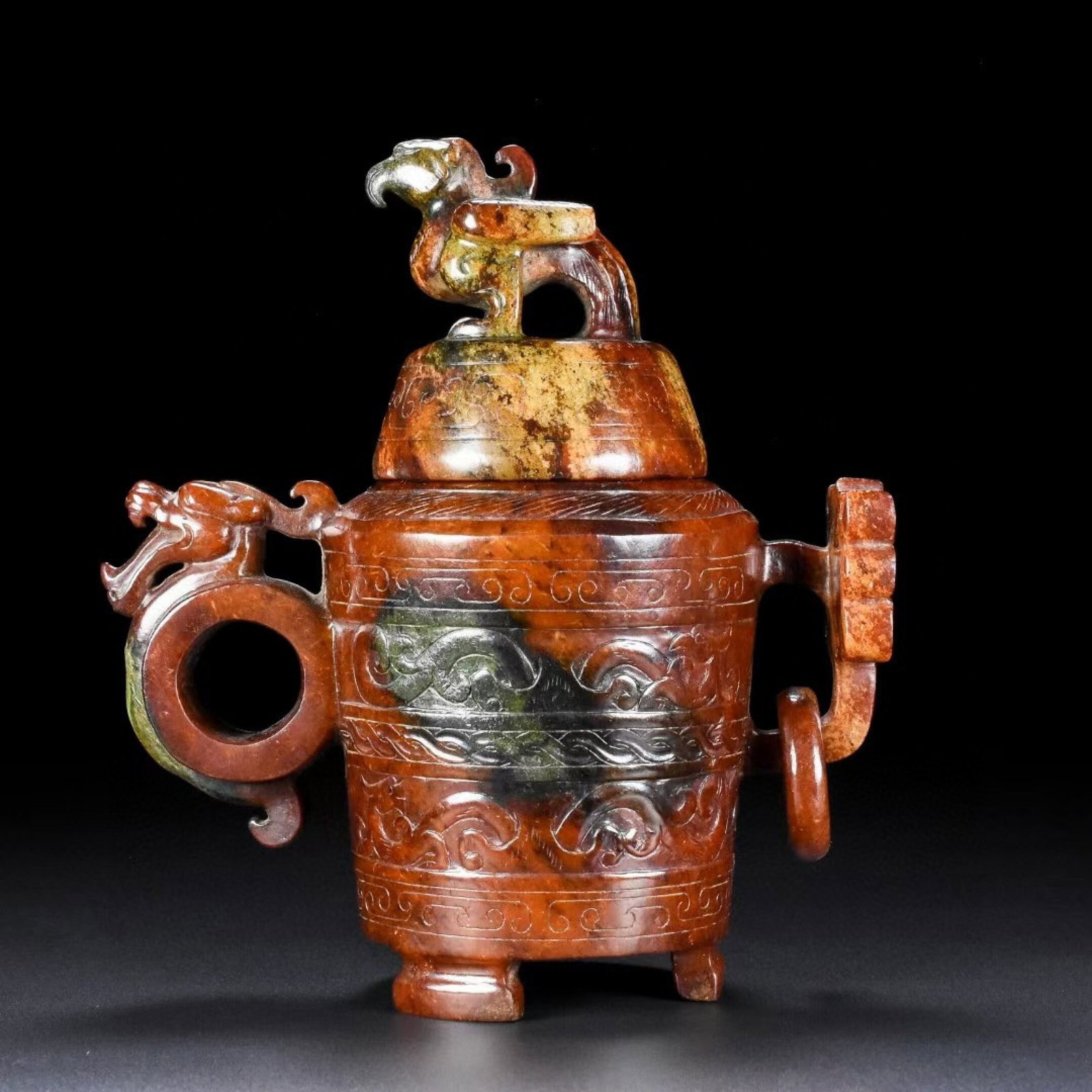 An Exquisite Archaic Jade Dragon and Phoenix Pattern Double-Ears and Tripod Censer: An Exquisite Archaic Jade Dragon and Phoenix Pattern Double-Ears and Tripod Censer,Ancient Time,China,Size:7.1inx6.7inx3.5in,Weight:689g 高古玉龙凤纹双耳