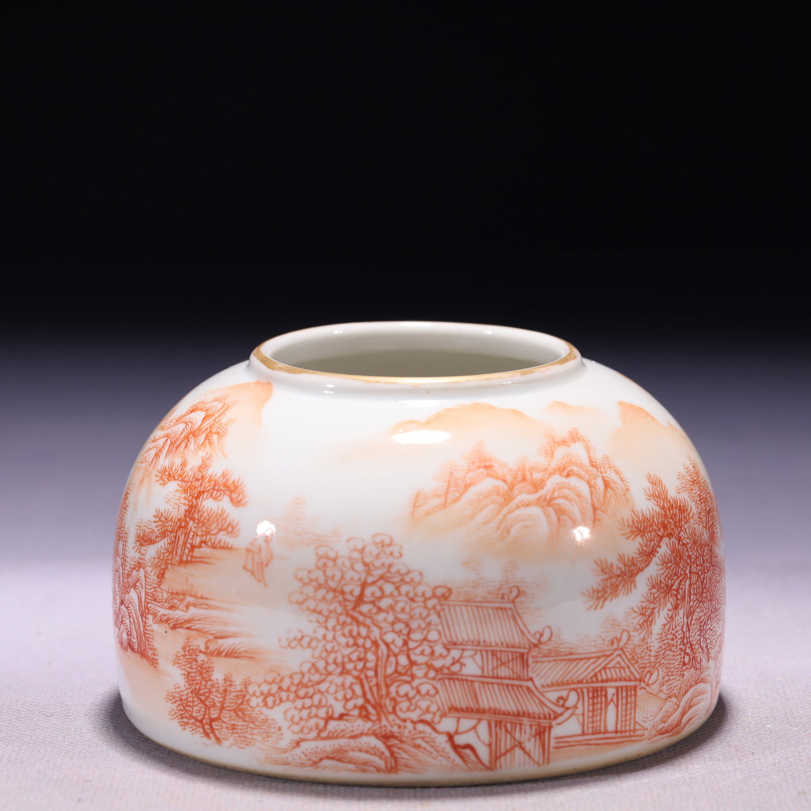 An Exquisite Iron-Red Painted Gold Landscape Pattern Brush Washer: An Exquisite Iron-Red Painted Gold Landscape Pattern Brush Washer,Qing Dynasty,China,Daoguang Six-character Mark,Size:4.1inx2.6in,Weight:376g 矾红描金山水纹&#