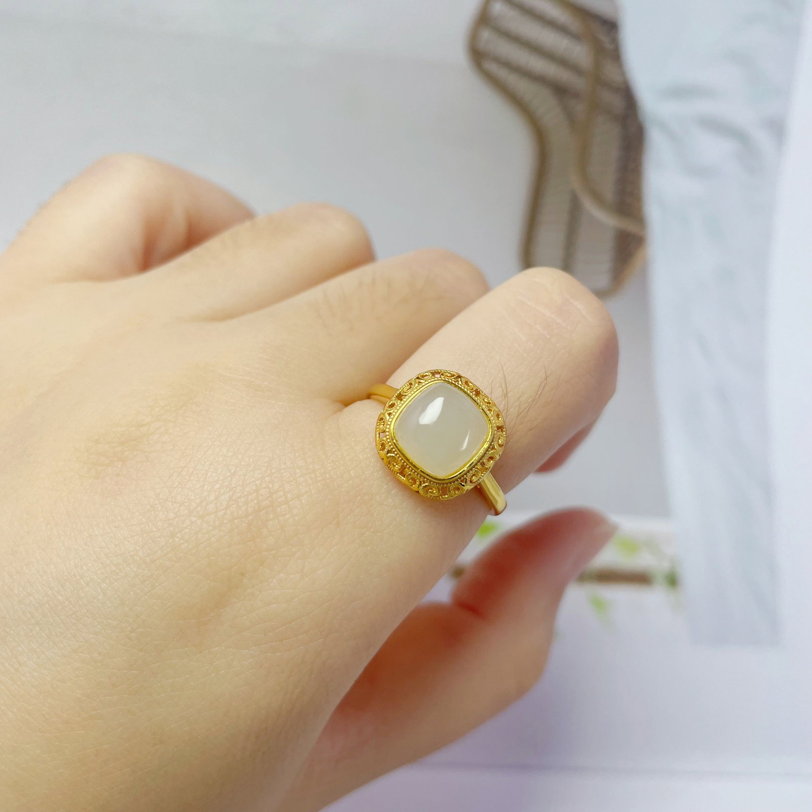 A Sterling Silver and White Jade Square Ring - 6