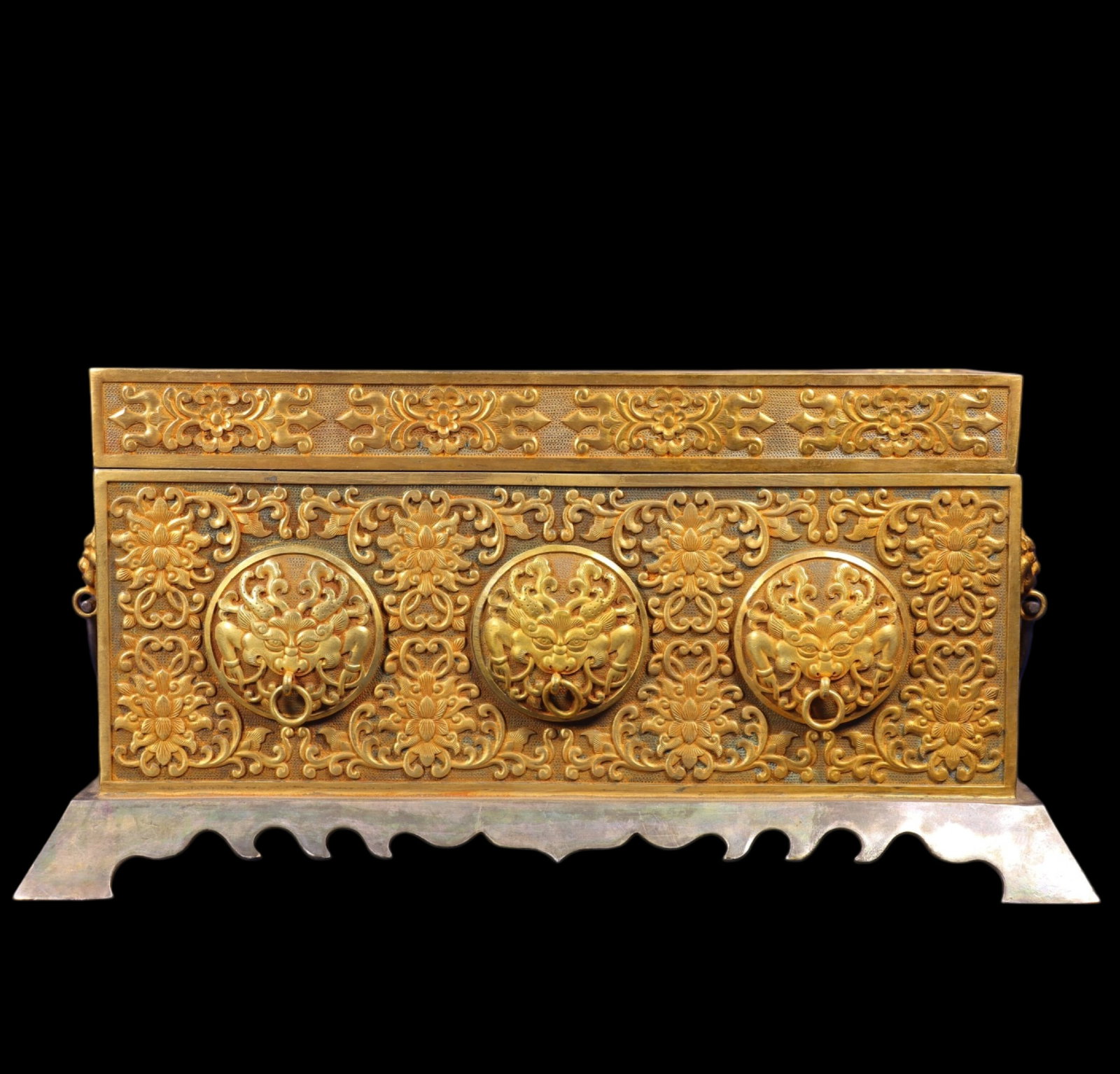 A Set of Fine Gilt Lotus Pattern Boxes,with Scripture: A Set of Fine Gilt Lotus Pattern Boxes,with Scripture,Qing Dynasty,China,Size:(Box)6.3inx12.6inx6.7in,(Scripture)34.6inx3.9in,Weight:5820g