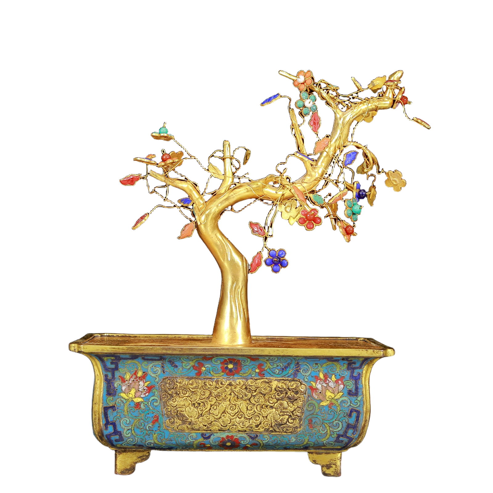 An Exquisite Cloisonne Inlaid Gems Plum Blossom Bonsai: An Exquisite Cloisonne Inlaid Gems Plum Blossom Bonsai,Qing Dynasty, China,Qianlong Four-character Mark,Size:8.3inx5.5inx11in,Weight:1485g