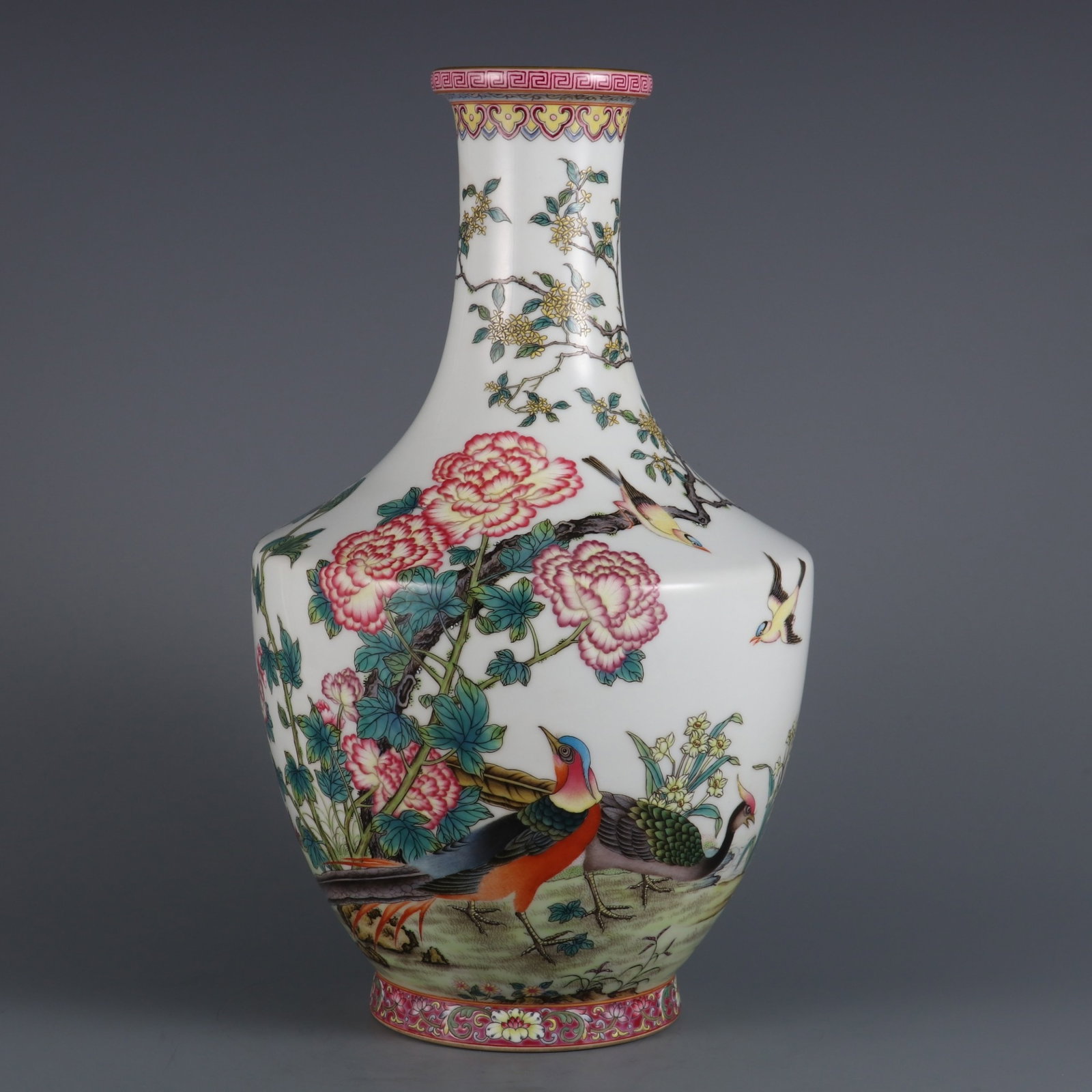 A Rare Famille-Rose Painted Gold Flower and Bird Pattern Vase,with poem: A Rare Famille-Rose Painted Gold Flower and Bird Pattern Vase,with poem,Qing Dynasty,China,Qianlong Six-character Mark,Size:12.6inx2.8in 粉彩描金花鸟纹瓶