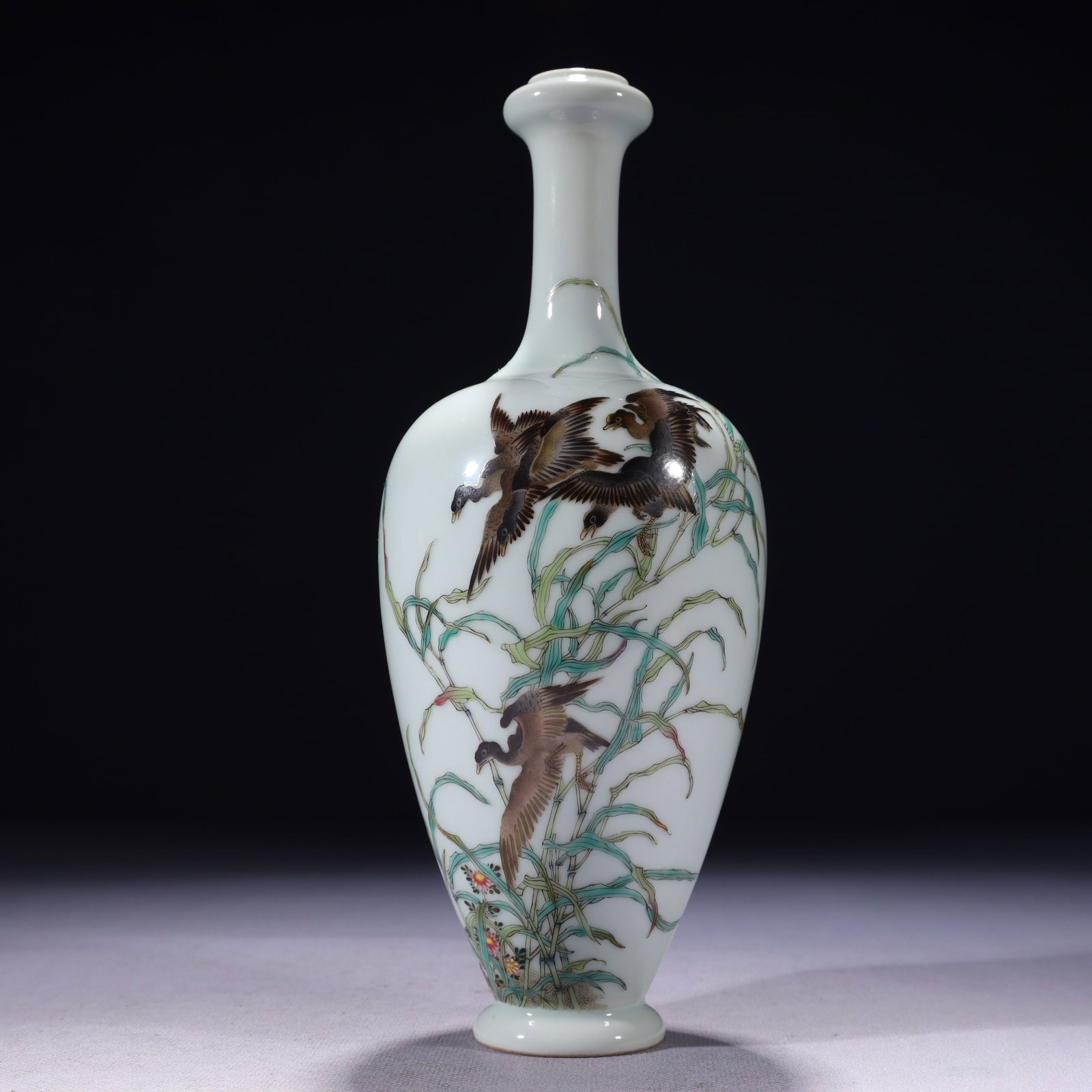 An Exquisite Famille-Rose Flower and Bird Pattern Vase,with poem: An Exquisite Famille-Rose Flower and Bird Pattern Vase,with poem,Qing Dynasty,China,Yongzheng Six-character Mark,Size:3.5inx9.4in,Weight:400g 粉彩花鸟纹瓶,带&