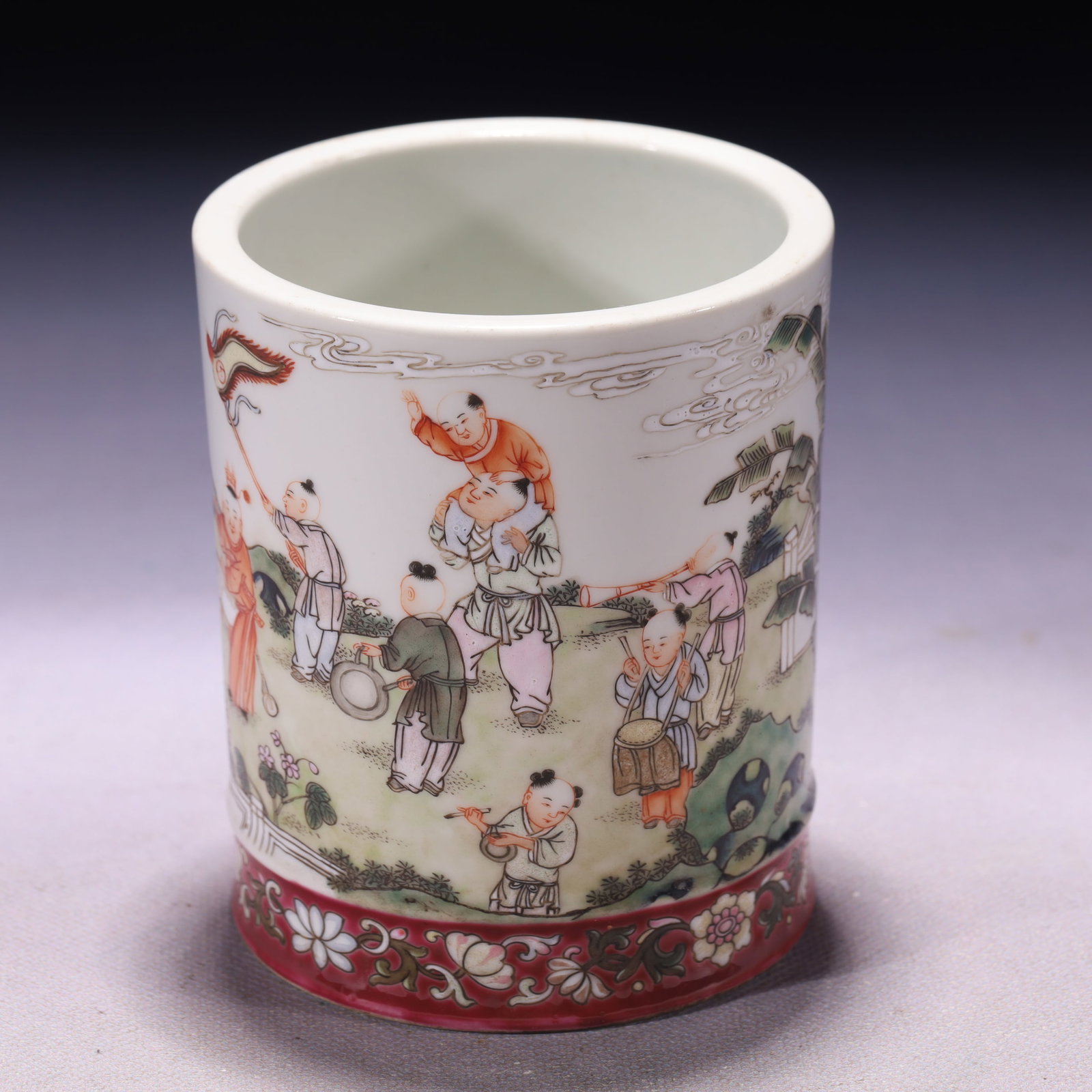 An Exquisite Famille-Rose Character and Story Pattern Brush Pot (1 of 8)