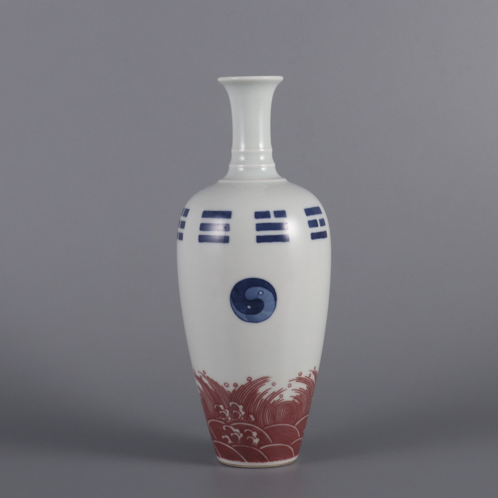 An Exquisite blue and white underglaze red sea wave taiji and eight trigrams willow-leaf vase,: An Exquisite blue and white underglaze red sea wave taiji and eight trigrams willow-leaf vase,Qing Dynasty, China,Kangxi Six-character Mark,Size:7.9inx3.1in,青花釉里红