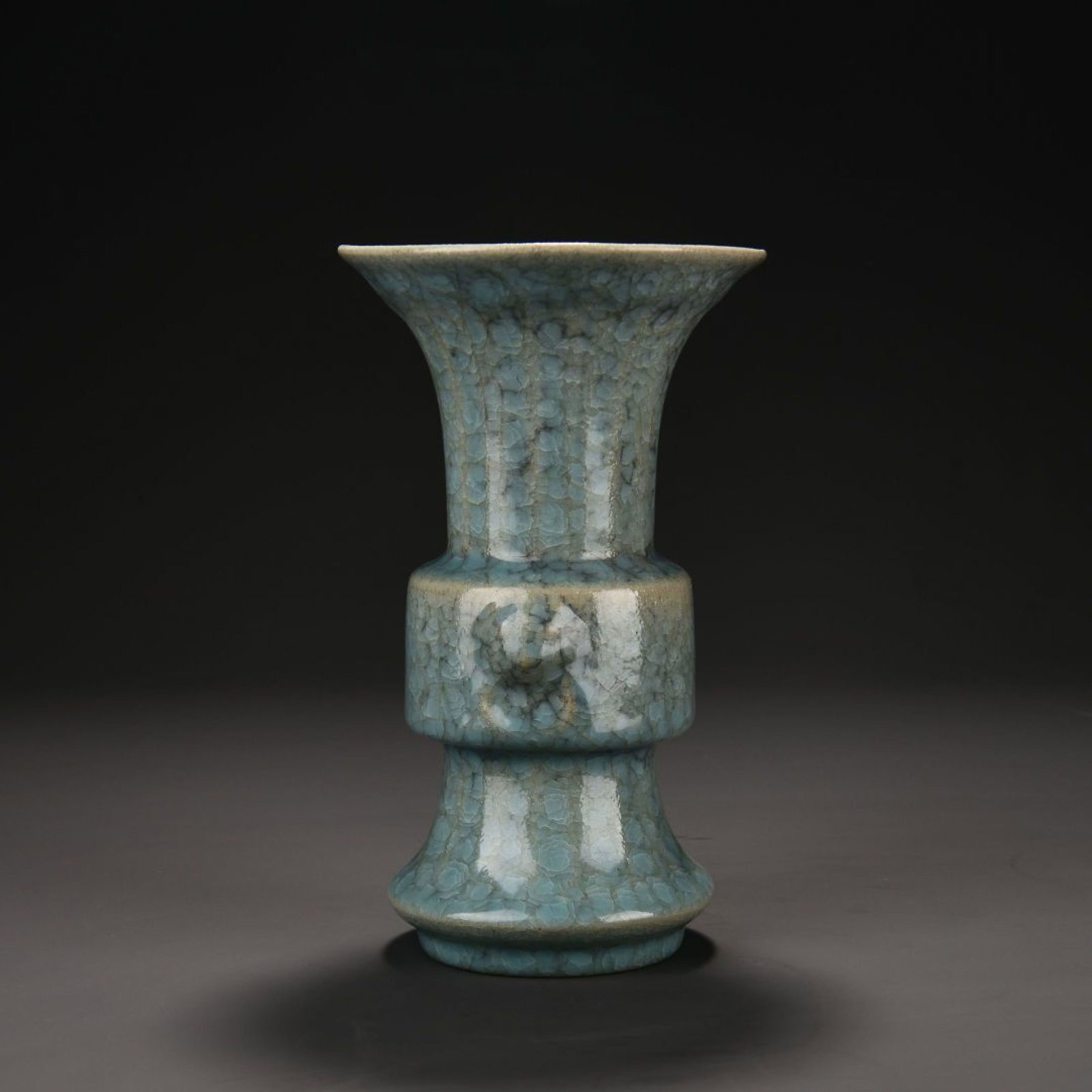 An Exquisite Ru Kiln Sky-Celadon Ice Crack Beast-Eared Gu Vase: An Exquisite Ru Kiln Sky-Celadon Ice Crack Beast-Eared Gu Vase,Song Dynasty China,Dimensions:8.7inx5.5in,汝窑天青釉冰裂纹兽耳花觚