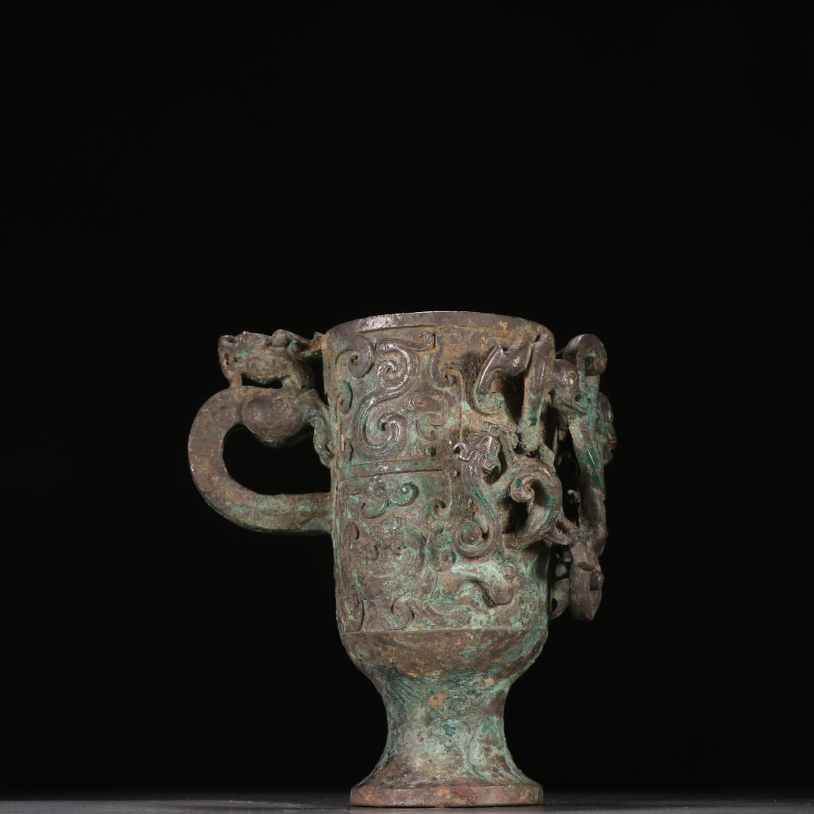 An Exquisite Bronze High-Foot Two-Handled Cup Carved With Chilong Pattern (1 of 9)