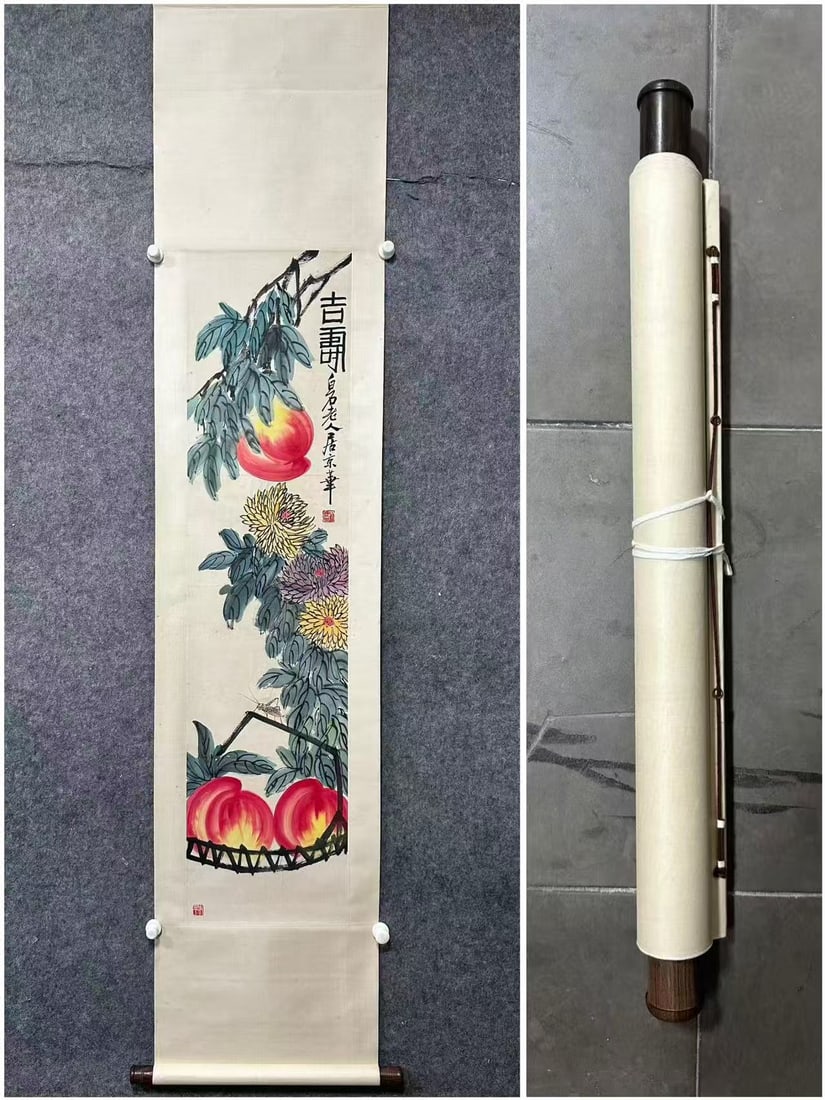 A Chinese Ink-on-Paper Hanging Scroll, Auspicious Longevity: A Chinese Ink-on-Paper Hanging Scroll, Auspicious Longevity,Qi Baishi,Size:13.4inx55.1in,一副中国水墨吉寿纸本立轴,齐௙