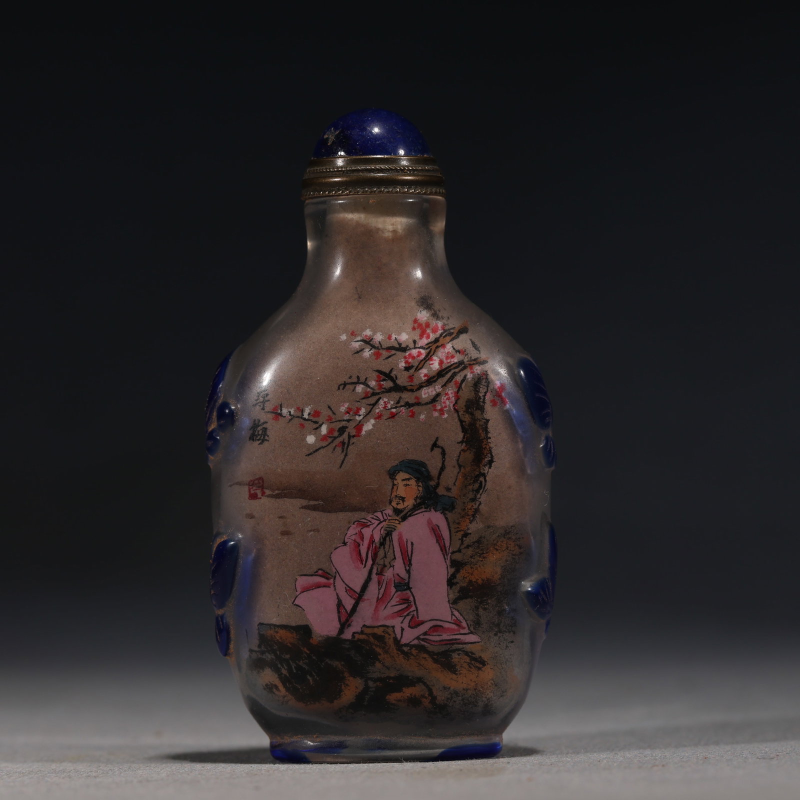 A Chinese Inside-Painted Blue Overlay Glass Snuff Bottle with Figure and Plum Blossoms,by Ye (1 of 5)