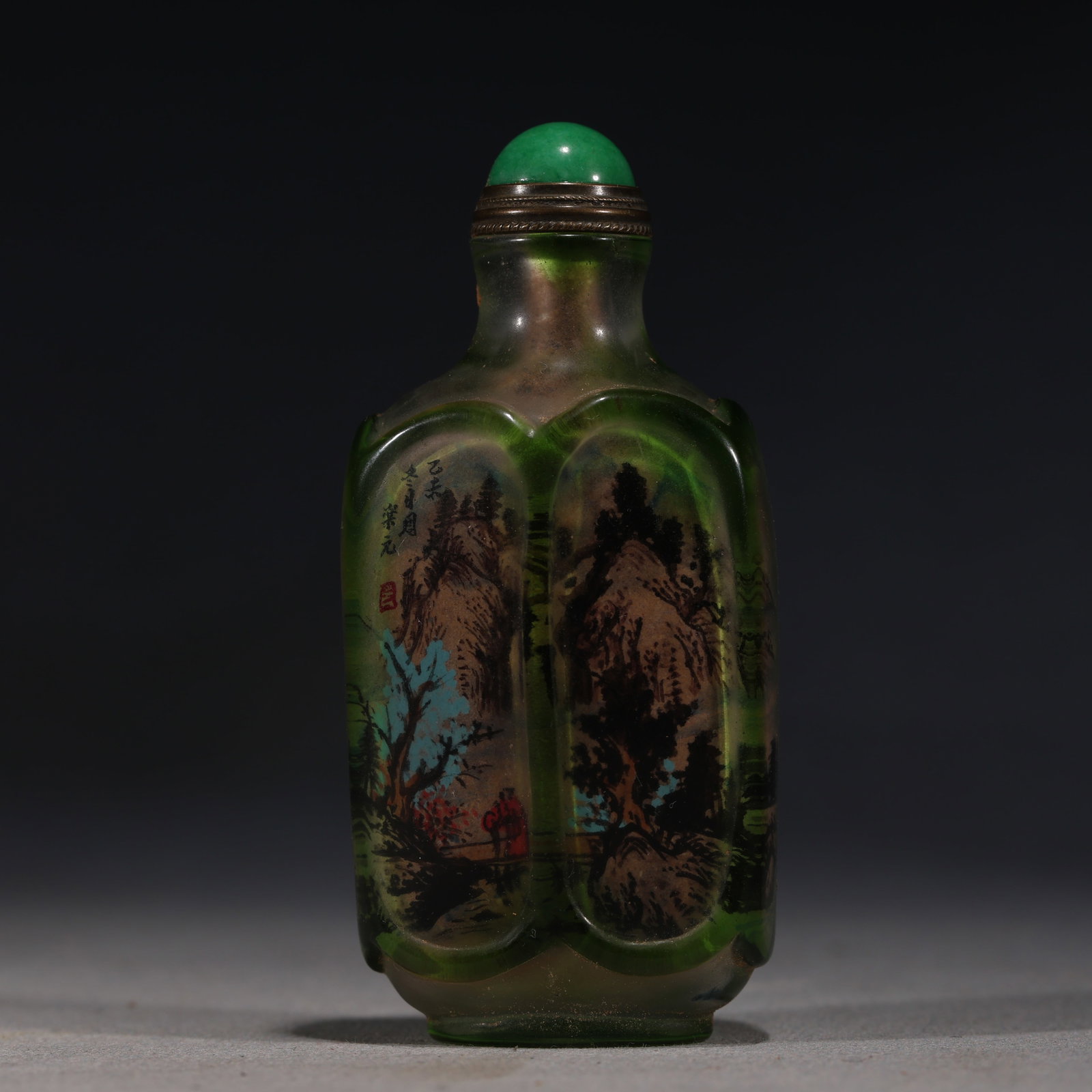A Chinese Inside-Painted Green Overlay Glass Snuff Bottle with Landscape,Yihai Year (1 of 7)