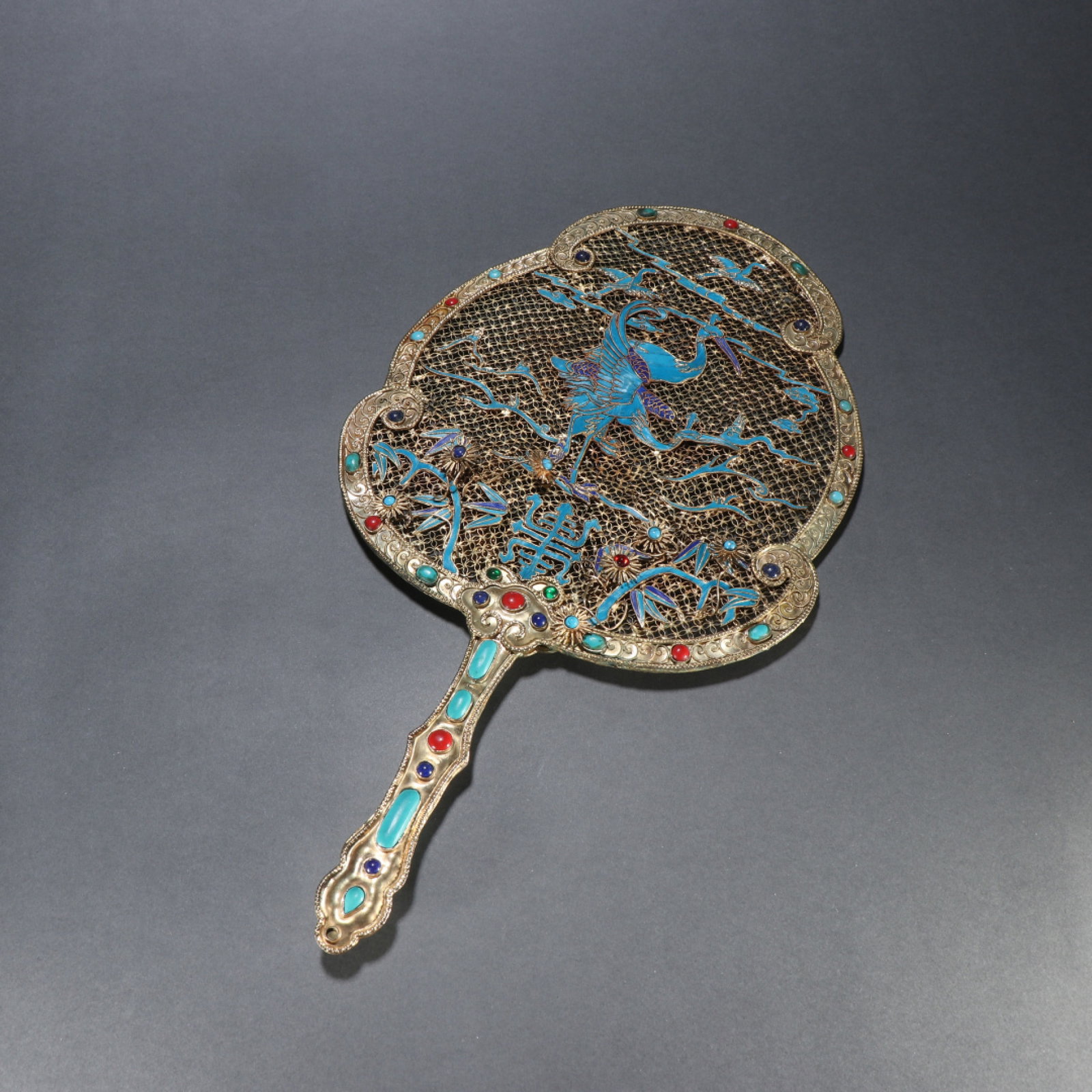 An Exquisite Gilt Silver Filigree Kingfisher Feather Inlaid Gem Hand Fan With Crane Longevity Motif (1 of 9)