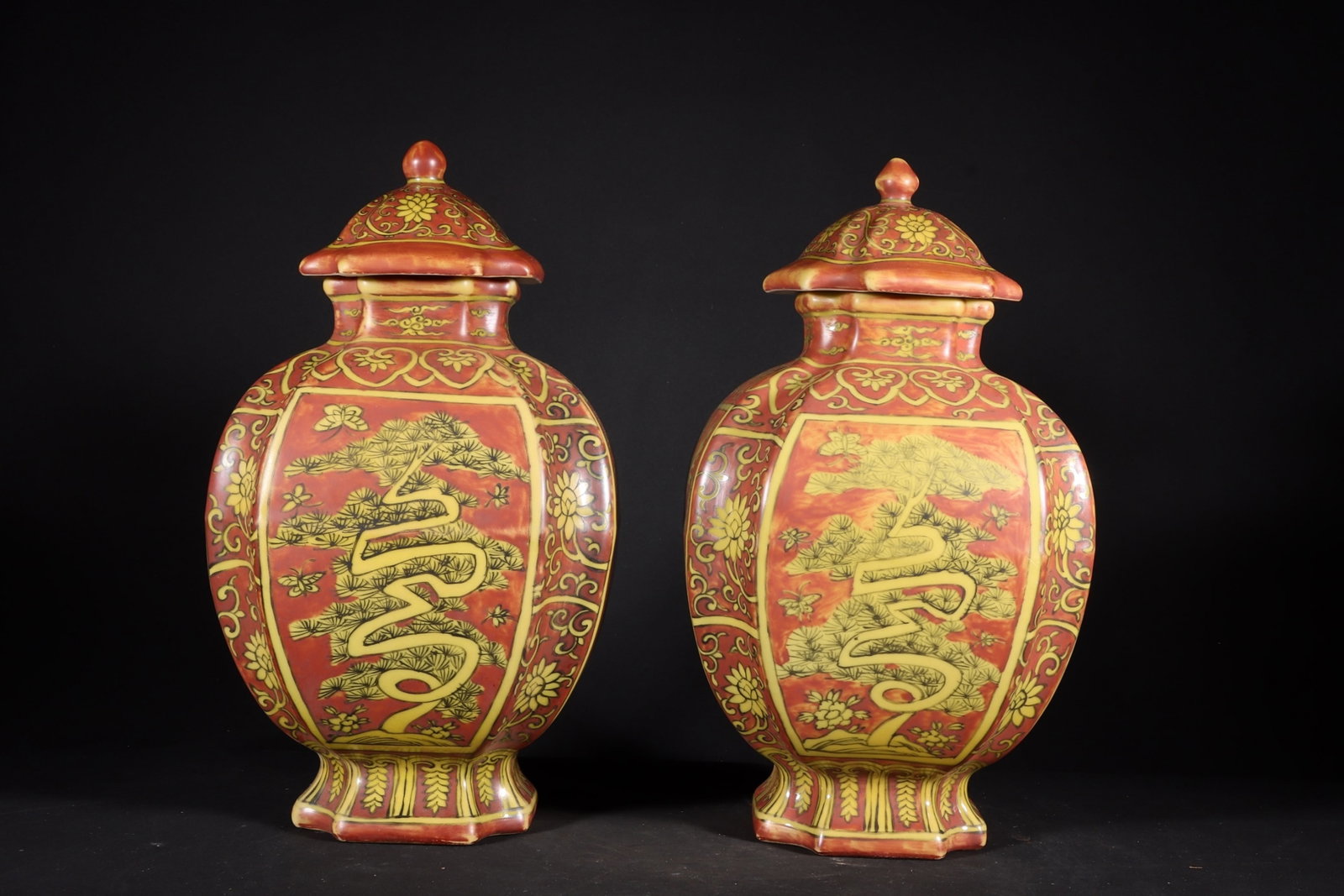 A Pair Of Fine Square Covered Jars Overglaze Red Pine,Bamboo & Plum On Yellow Ground (1 of 9)