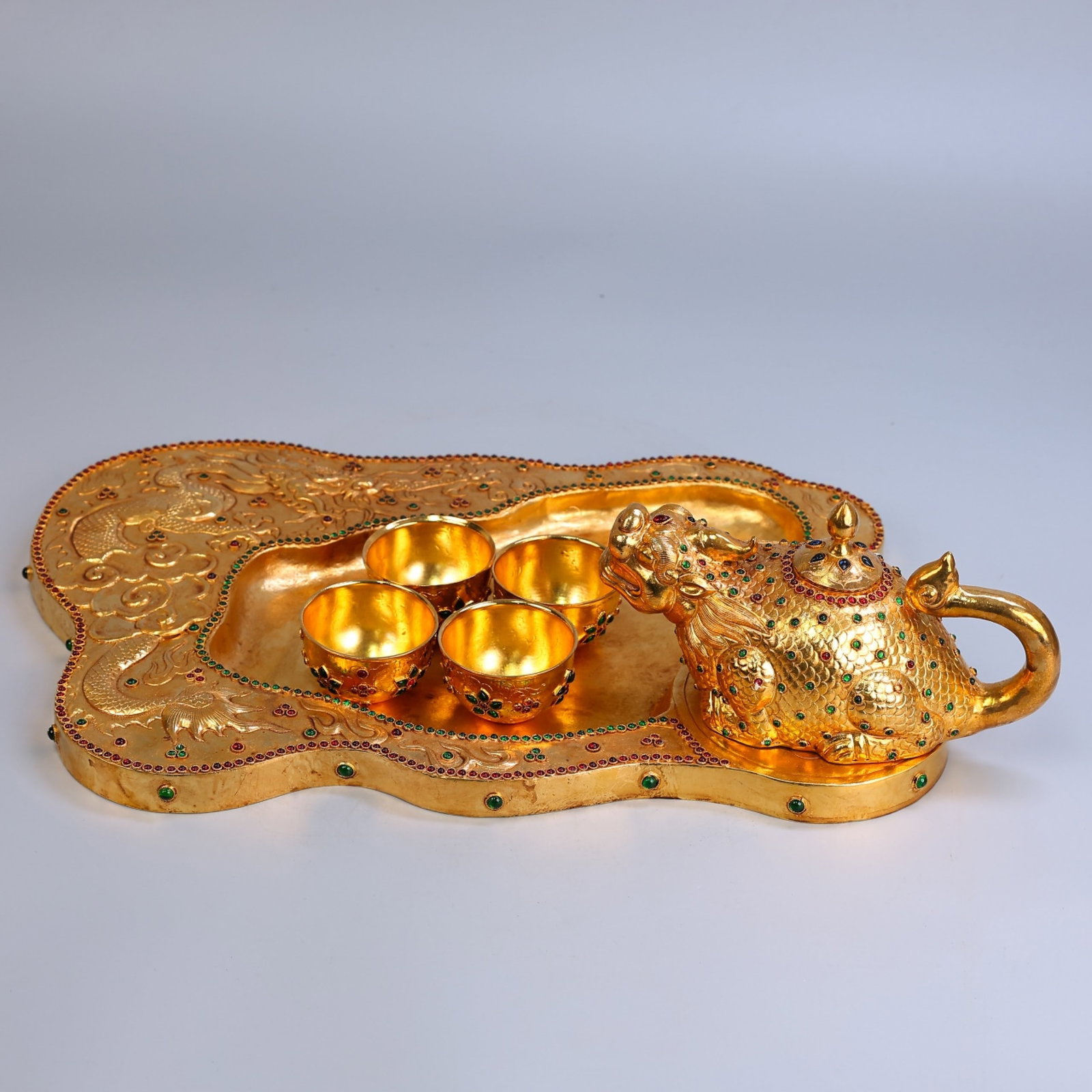 A Set Of Exquisite Gilt Bronze Tea Ware With Auspicious Beasts Inlaid With Gemstones (1 of 12)