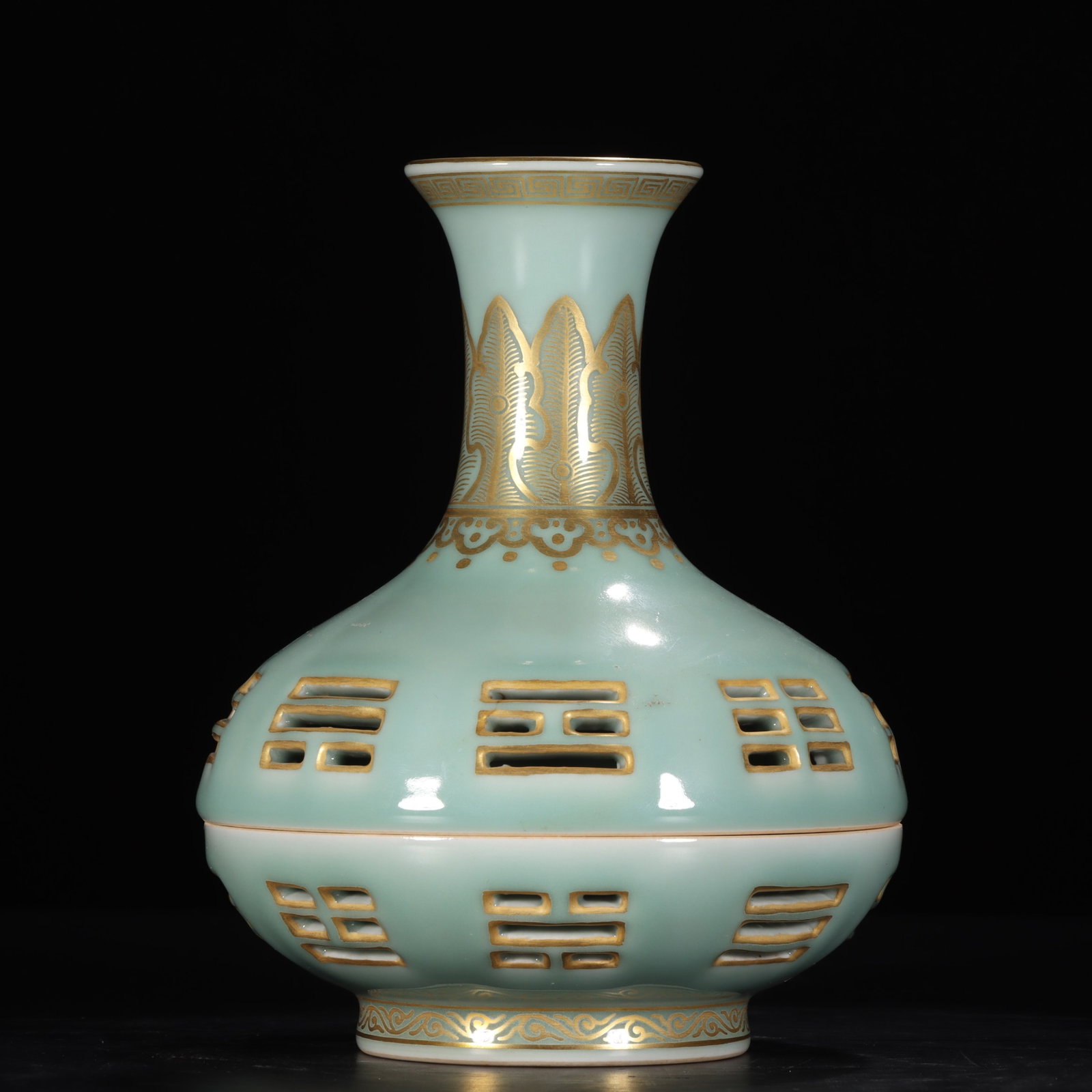 A Fine Pale Celadon Glaze Hollowed Gilt Bagua Censer Vase (1 of 9)