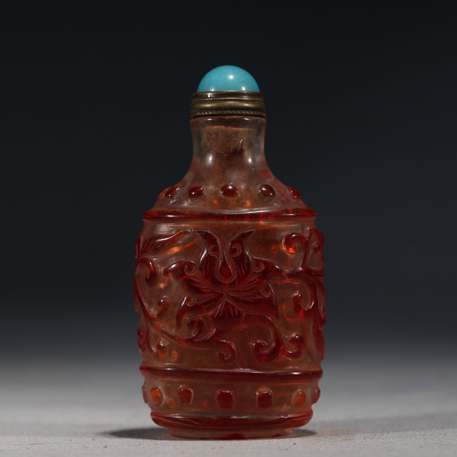 A Chinese Red Overlay Glass Snuff Bottle with Lotus Scrolls,Guangxu Mark (1 of 5)