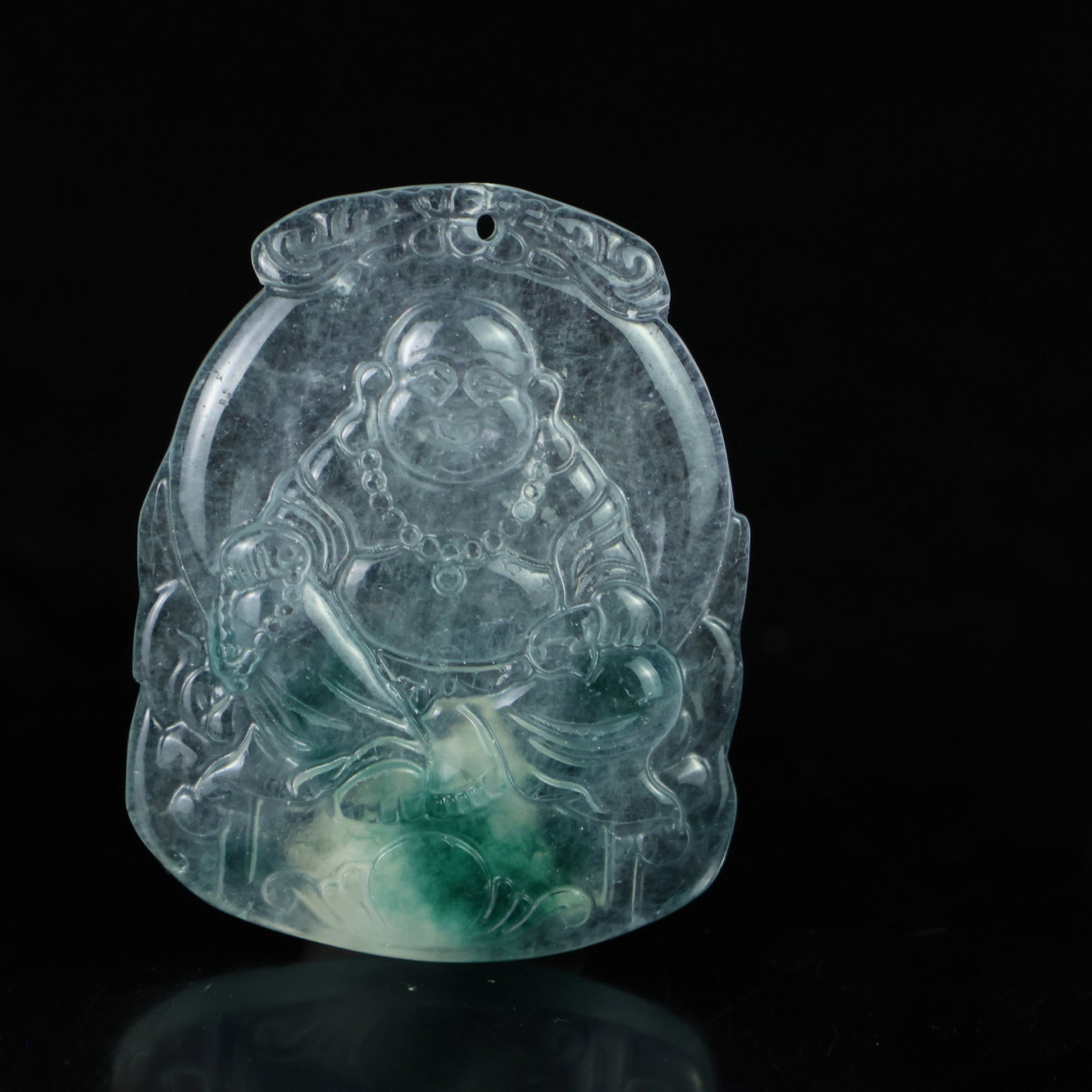 An Exquisite Jadeite Maitreya Buddha Pattern Pendant: An Exquisite Jadeite Maitreya Buddha Pattern Pendant,Size:51mmx41mmx6mm 翡翠弥勒佛像纹挂件