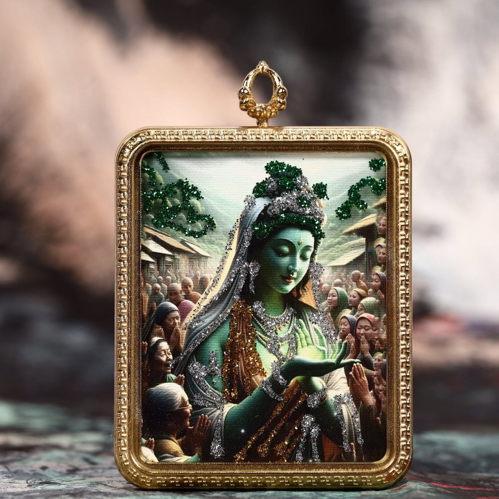 An Exquisite Painted Color Statue of Green Tara Tangka: An Exquisite Painted Color Statue of Green Tara Tangka,Size:2inx2.8in 彩绘绿度母像唐卡