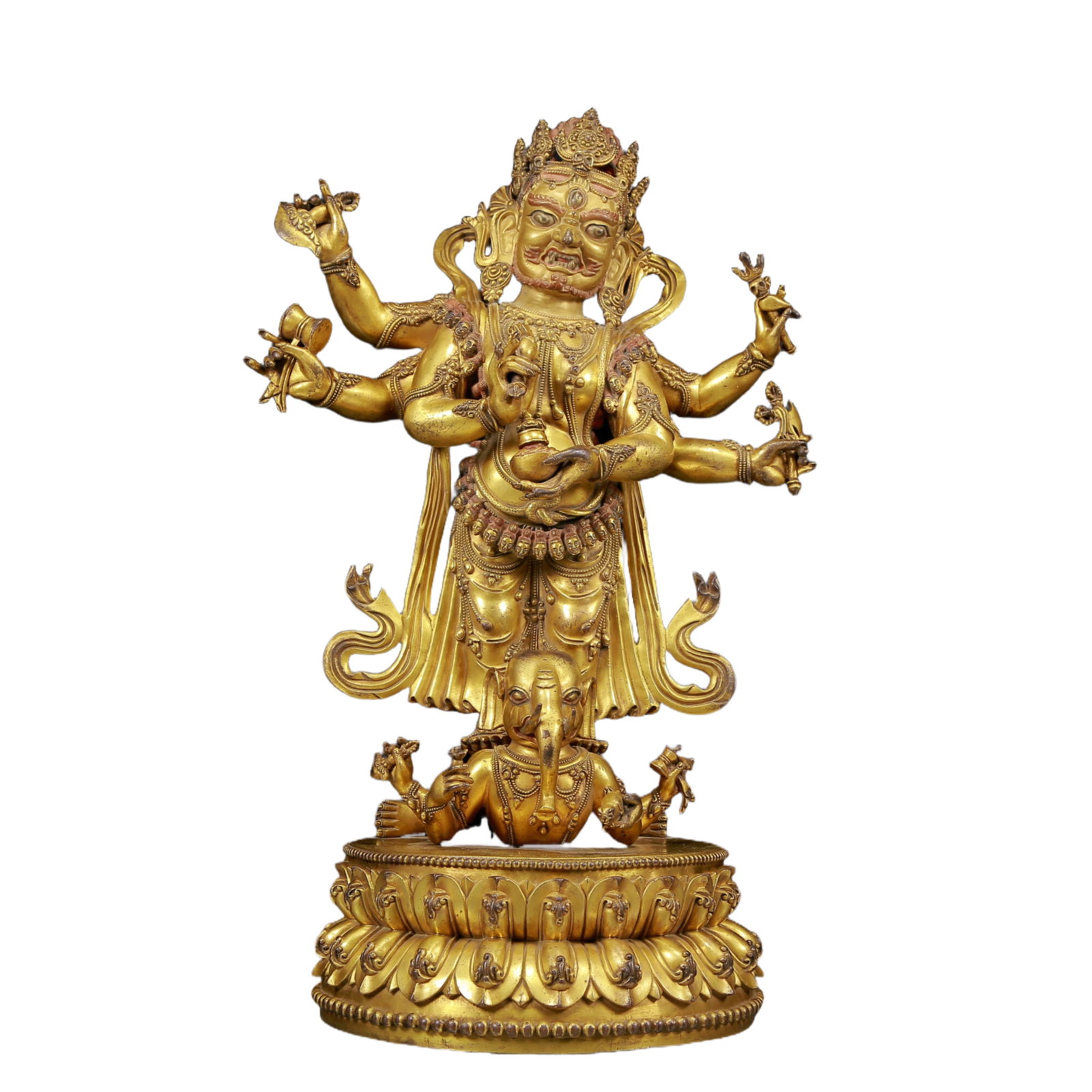 A Magnificent Gilt-Bronze Figure Of Vajrapani: Magnificent Gilt-Bronze Figure Of Vajrapani. Stood on a prostrating figure with a wrathful expression, body adorned with jewelry ornaments, topknot surmounted by a splendid diadem, holding ritual item