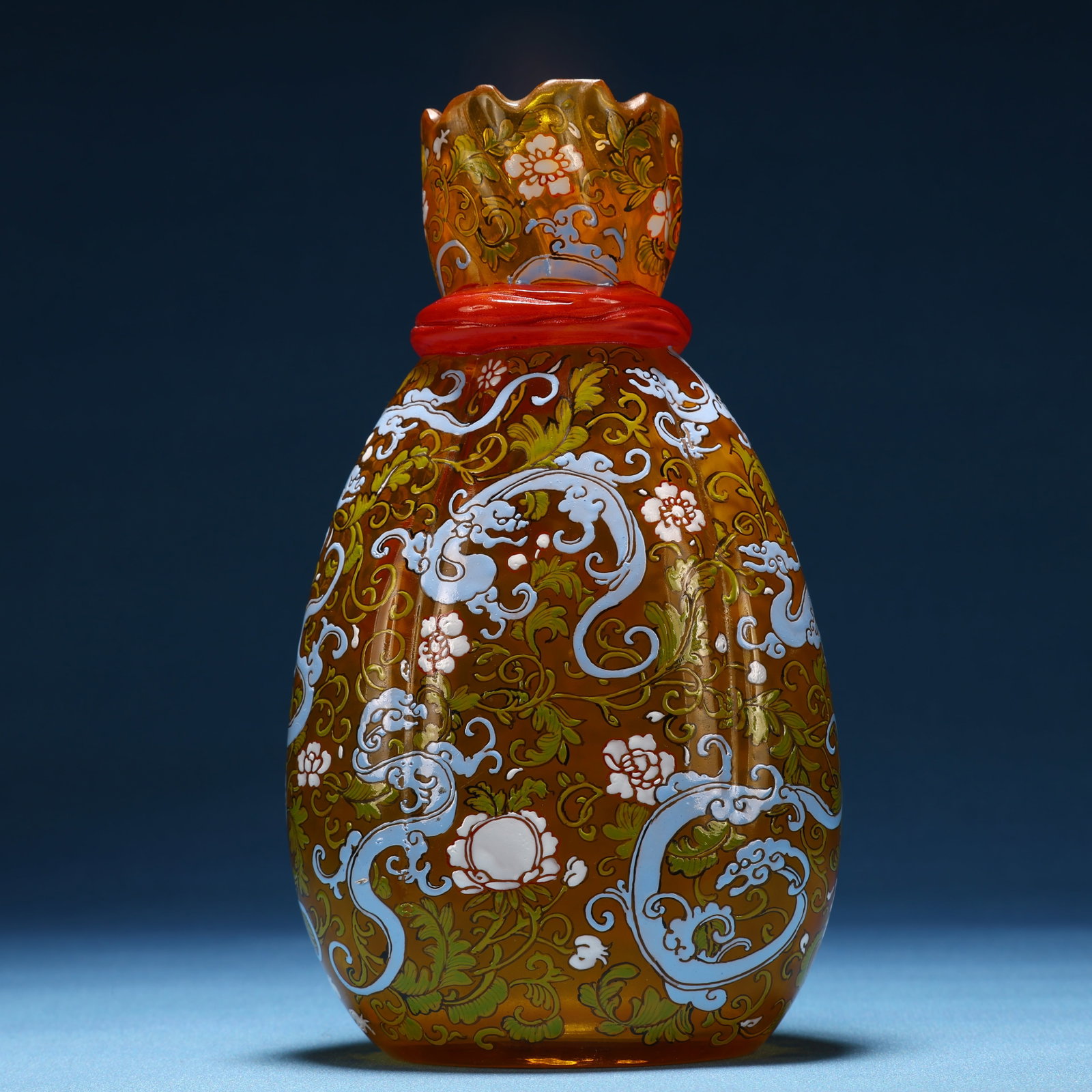 A Fine Glass Painted Enamel Flower and Chi-Dragon Pattern Vase: A Fine Glass Painted Enamel Flower and Chi-Dragon Pattern Vase,Qing Dynasty, China,Size:3.7inx2.4inx6.7in 料器画珐琅花卉螭龙纹瓶ᦁ