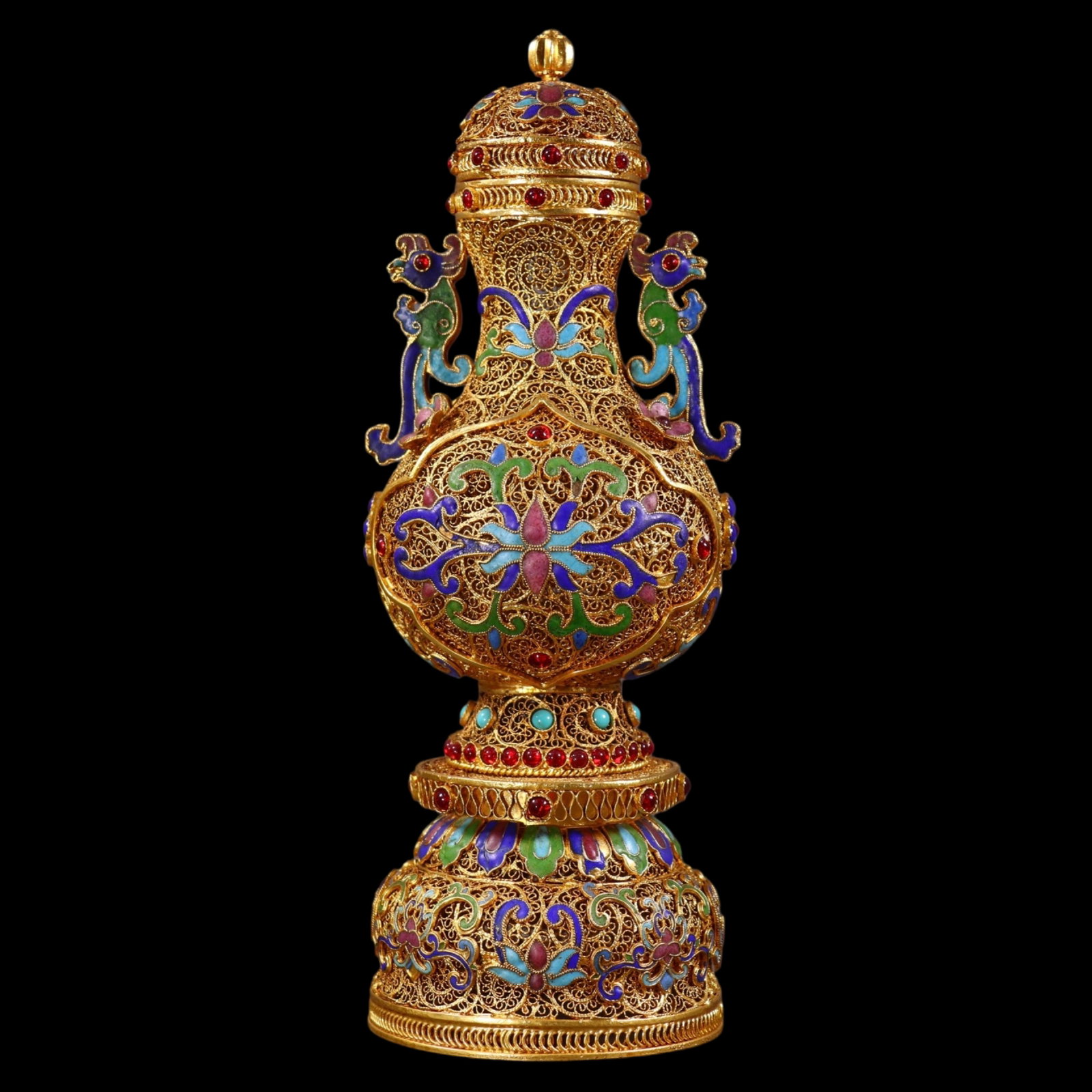 An Exquisite Filigree and Gilding Flower Pattern Double-Ears Bottle,Inlaid Gems: An Exquisite Filigree and Gilding Flower Pattern Double-Ears Bottle,Inlaid Gems,Qing Dynasty,China,Qianlong Four-character Mark,Size:9.4inx3.3in,Weight:491g