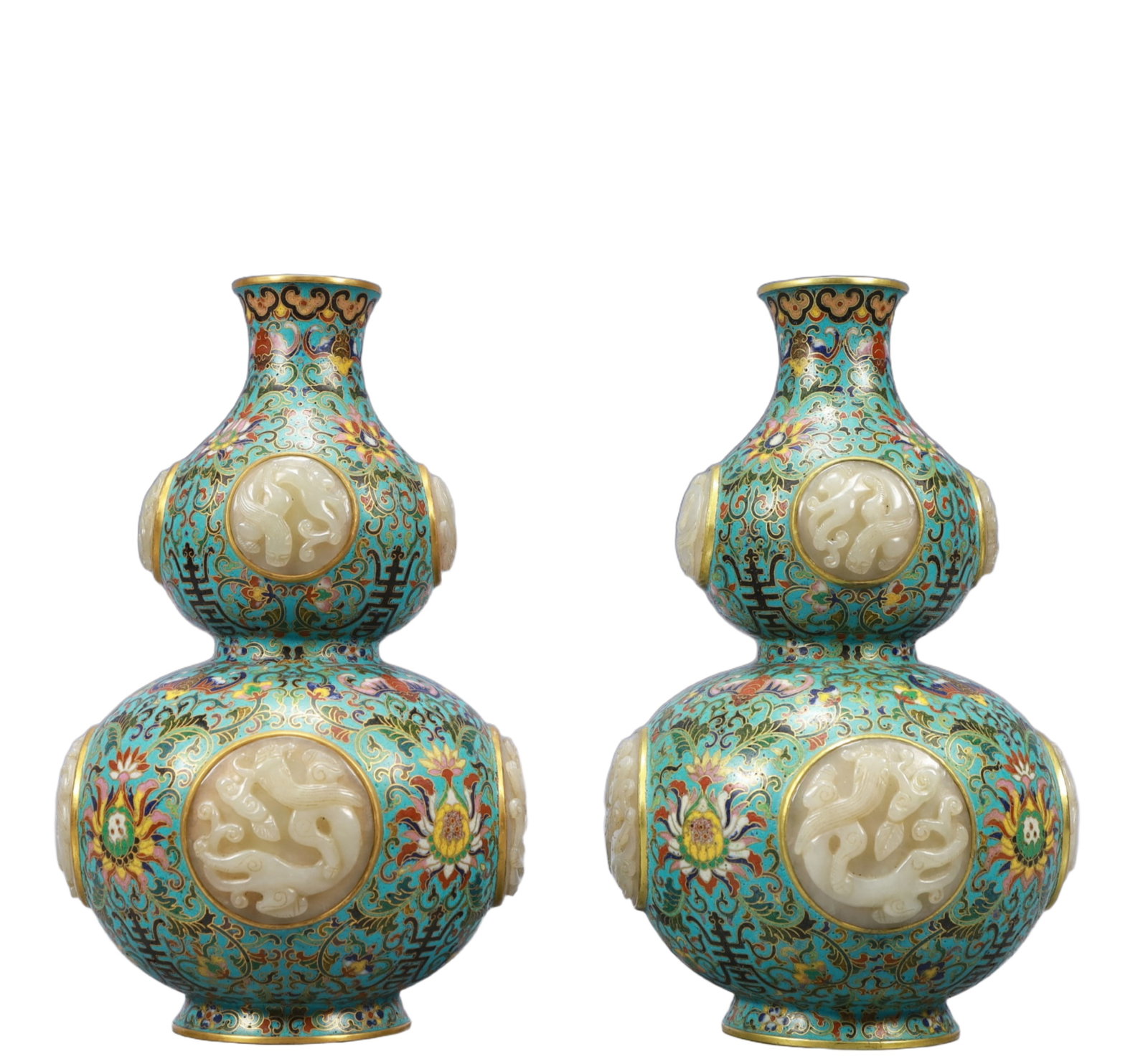 A Pair of Exquisite Cloisonne Inlaid White Jade Lotus Pattern Gourd-Shaped Vases: A Pair of Exquisite Cloisonne Inlaid White Jade Lotus Pattern Gourd-Shaped Vases ,Qing Dynasty, China,Qianlong Four-character Mark,Size：5.5inx9.8in; Weight：2900g