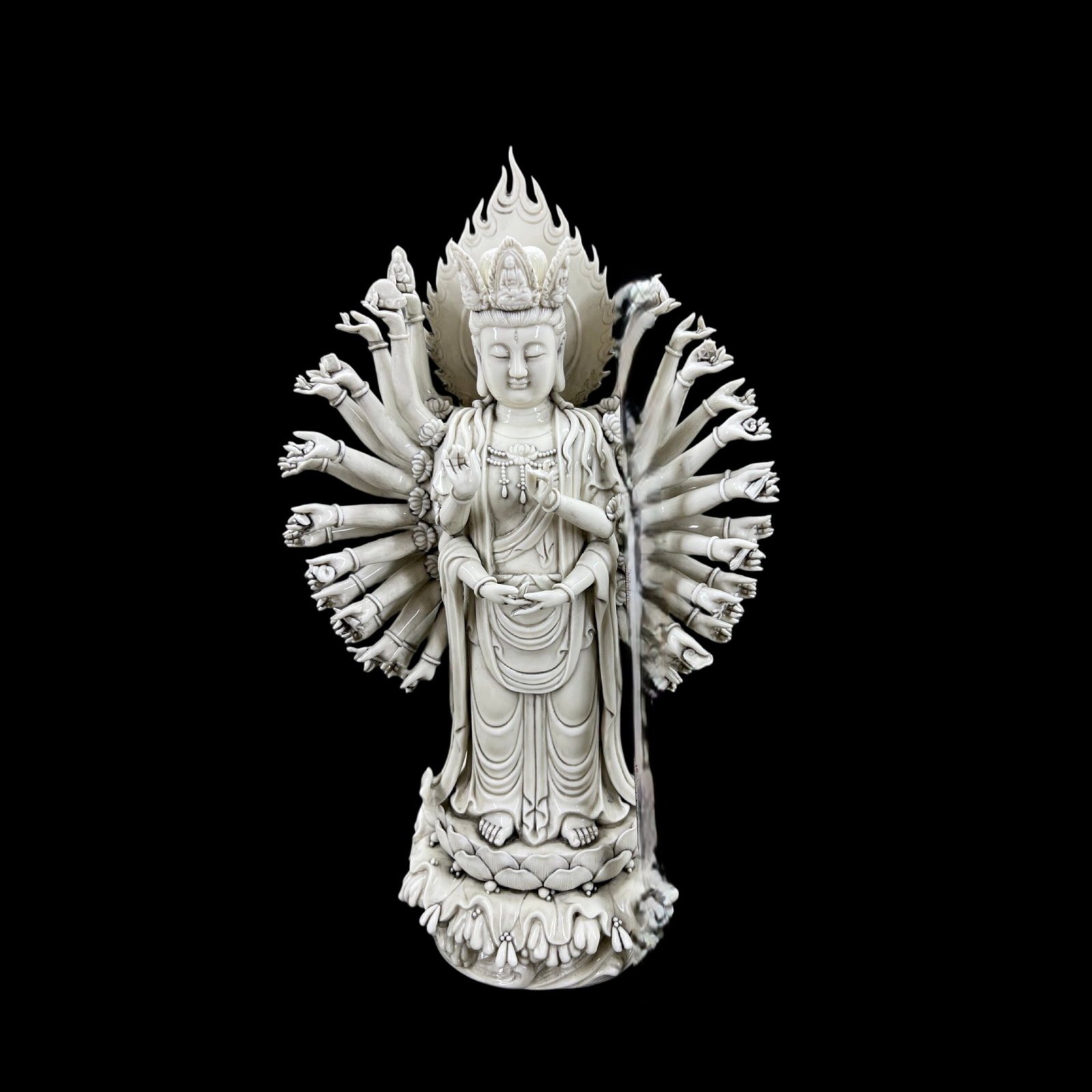 A Solemn Blance-De-Chine Statue of Thousand-hand Guanyin: A Solemn Blance-De-Chine Statue of Thousand-hand Guanyin,Ming Dynasty,China,He Chaozong Mark,Size:20.5in