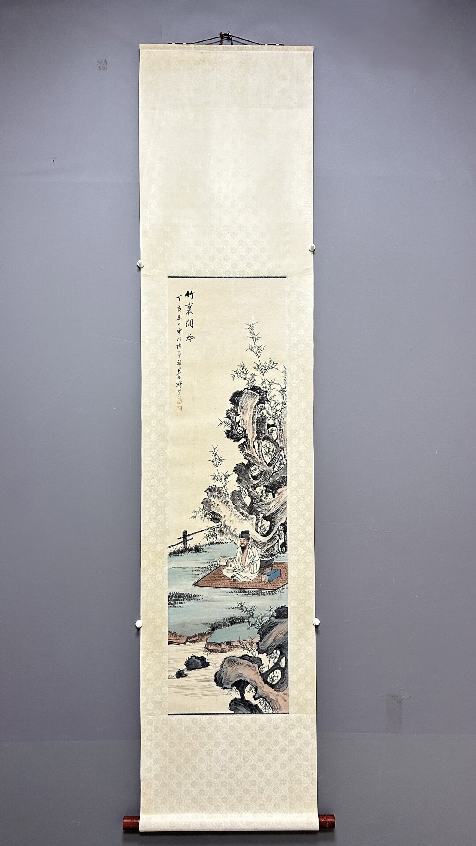 A Chinese Vertical Scroll Ink Painting of Landscape and Figure on Paper: A Chinese Vertical Scroll Ink Painting of Landscape and Figure on Paper,Zheng Mukang,Size:48.4inx13.8in