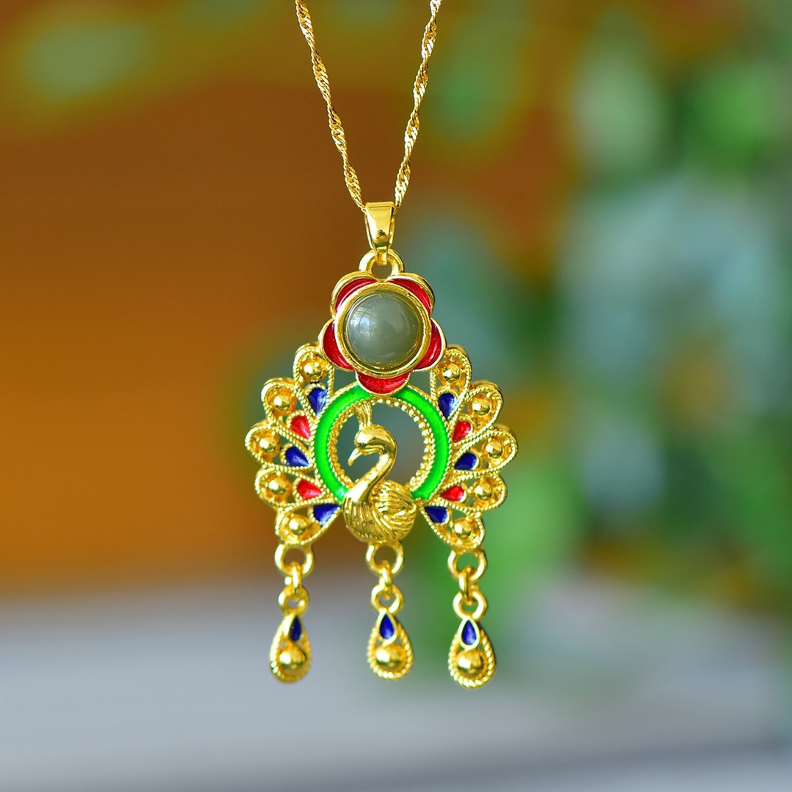 An Exquisite Bronze-Gold Plated Inlaid Green Jade Peacock Necklace: An Exquisite Bronze-Gold Plated Inlaid Green Jade Peacock Necklace,Size:3.1inx3.1in 铜镀金镶青玉孔雀项链