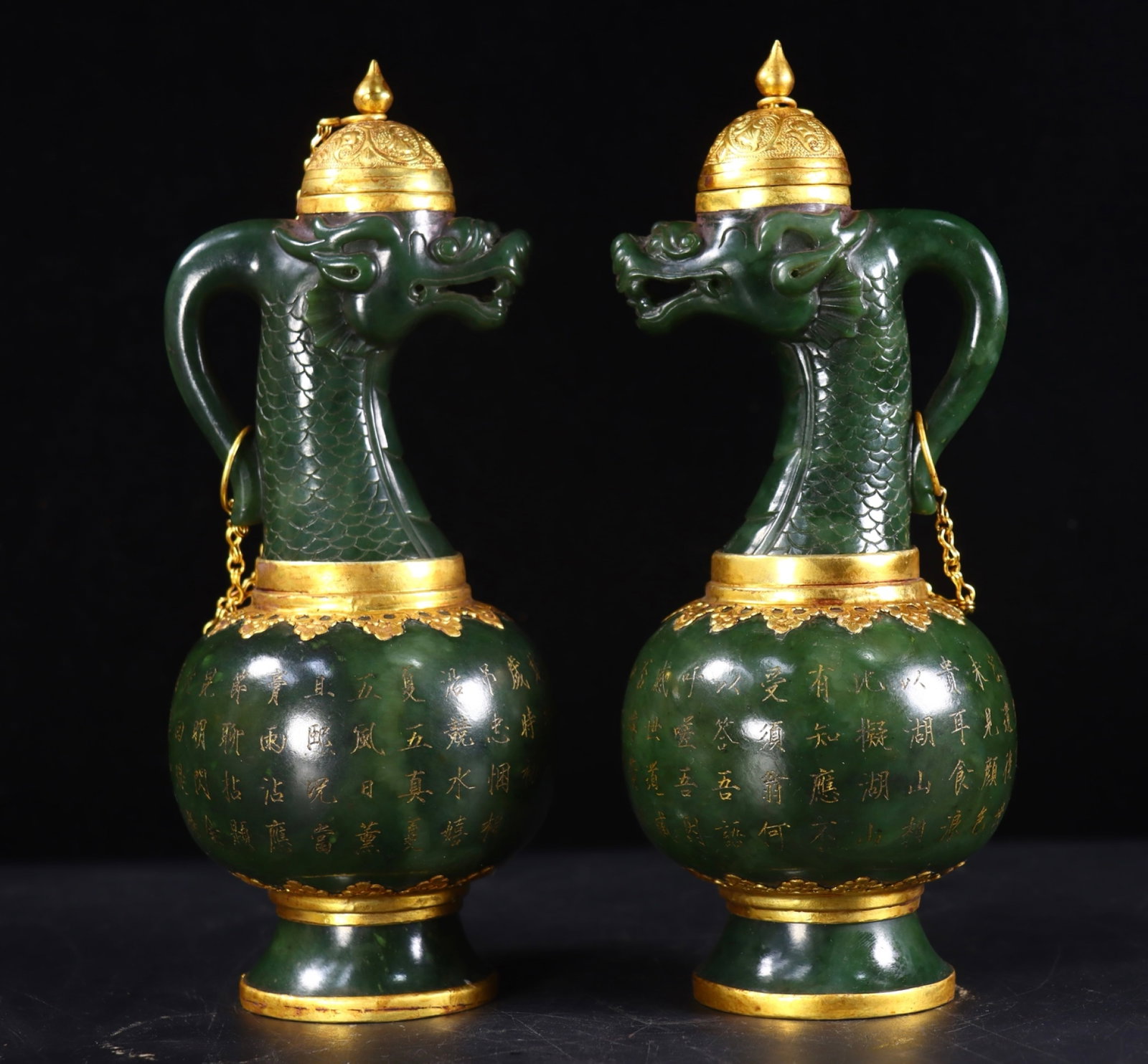 A Pair of Exquisite Jasper Cover with Gold Dragon Head Pots,with poem: A Pair of Exquisite Jasper Cover with Gold Dragon Head Pots,with poem,Qing Dynasty,China,Qianlong Four-character Mark,Size:8.5inx3.3inx3.1in,Weight:820g